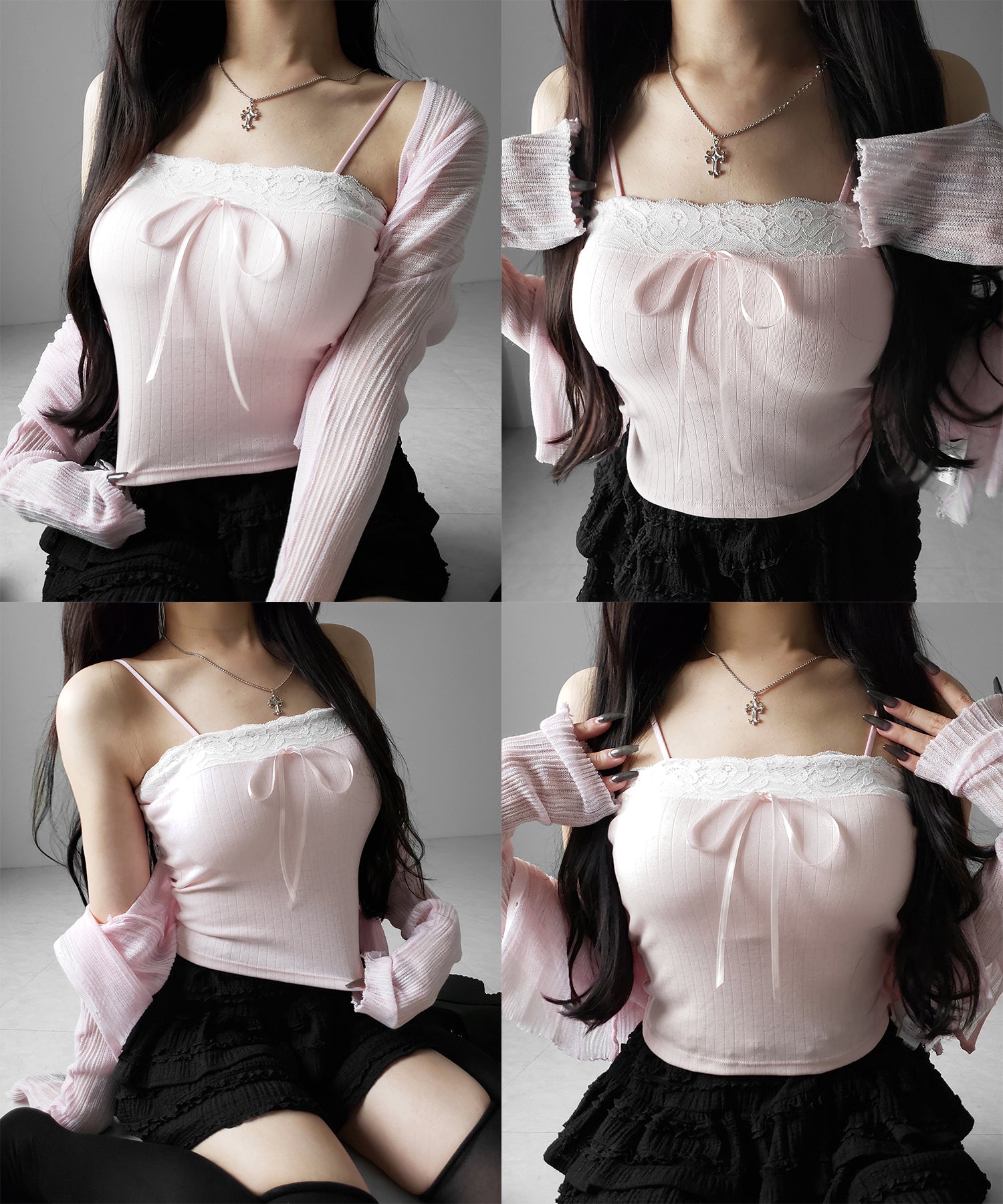 フロントリボンレースショートキャミソール / front ribbon lace short camisole