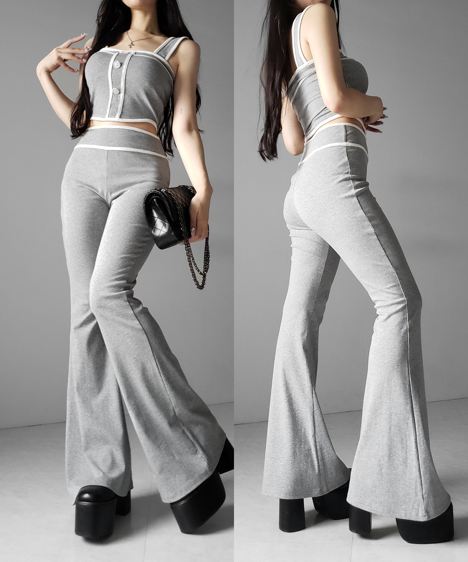 【 セットアップ】フロントボタンパイピングビスチェ+ フレアパンツ SET / 【 SETUP 】front button piping buister + flare pants SET