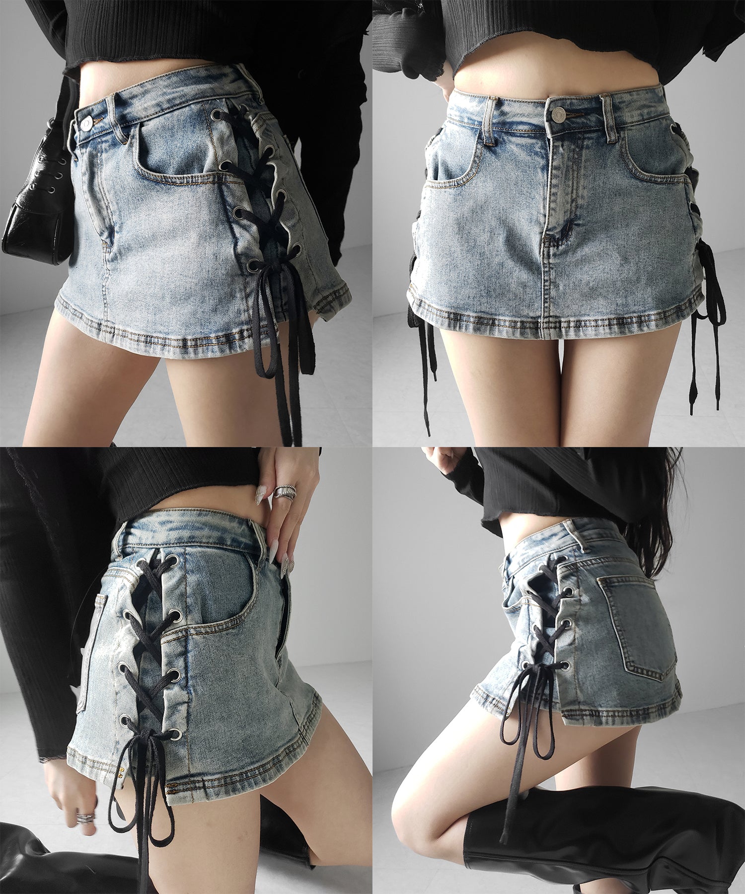 【 インパン裏地付き 】レースアップマイクロデニムミニスカパン / Lace-up micro denim mini skirt pants
