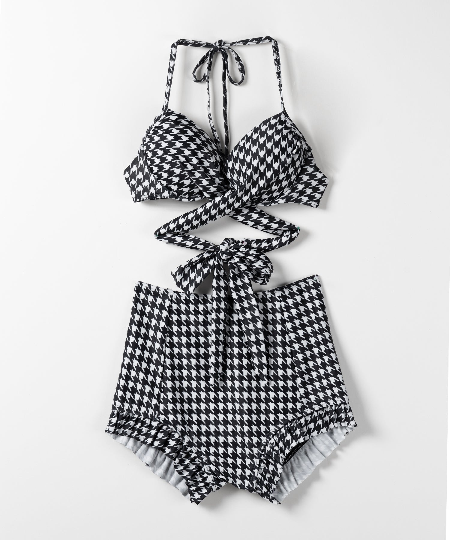 【 レディース水着/2点セット 】千鳥格子柄クロスウエストリボンハイウエストビキニ / houndstooth pattern cross waist ribbon high waist bikini