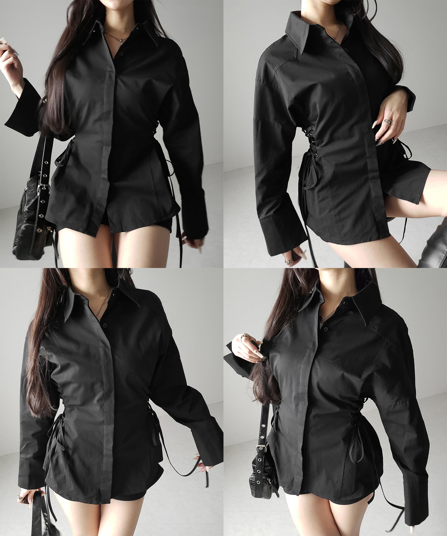 レースアップサイドリボンスリムラインシャツ / lace up side ribbon slim line shirt