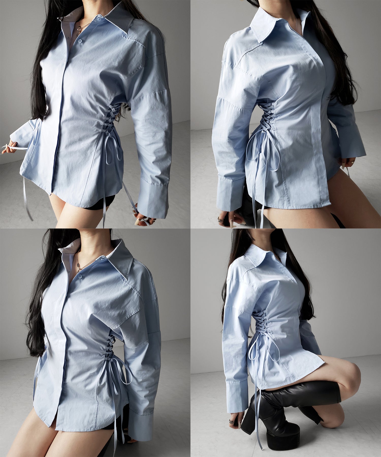 レースアップサイドリボンスリムラインシャツ / lace up side ribbon slim line shirt