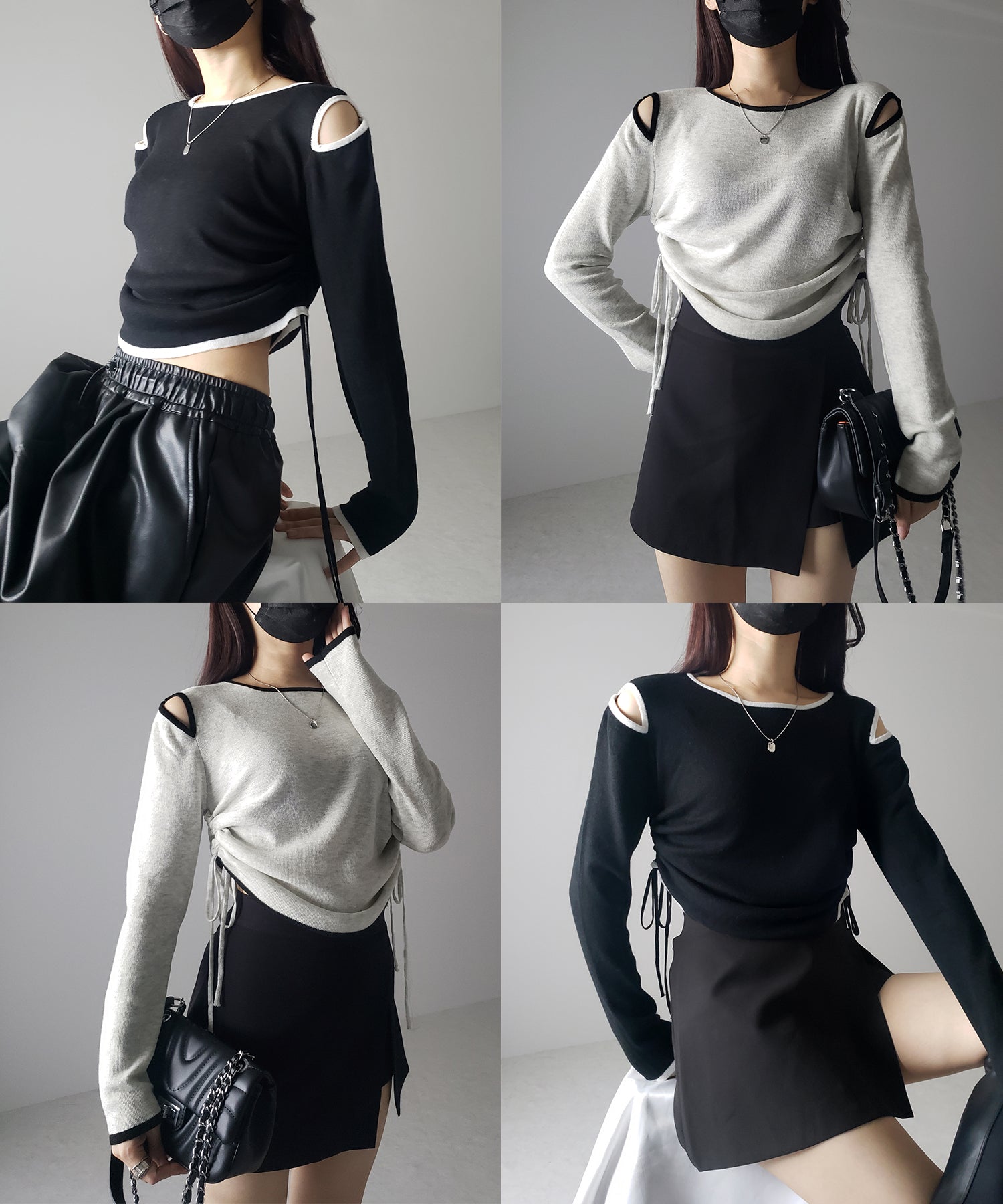 【 4color 】パイピングカットアウトサイドリボンニットトップス