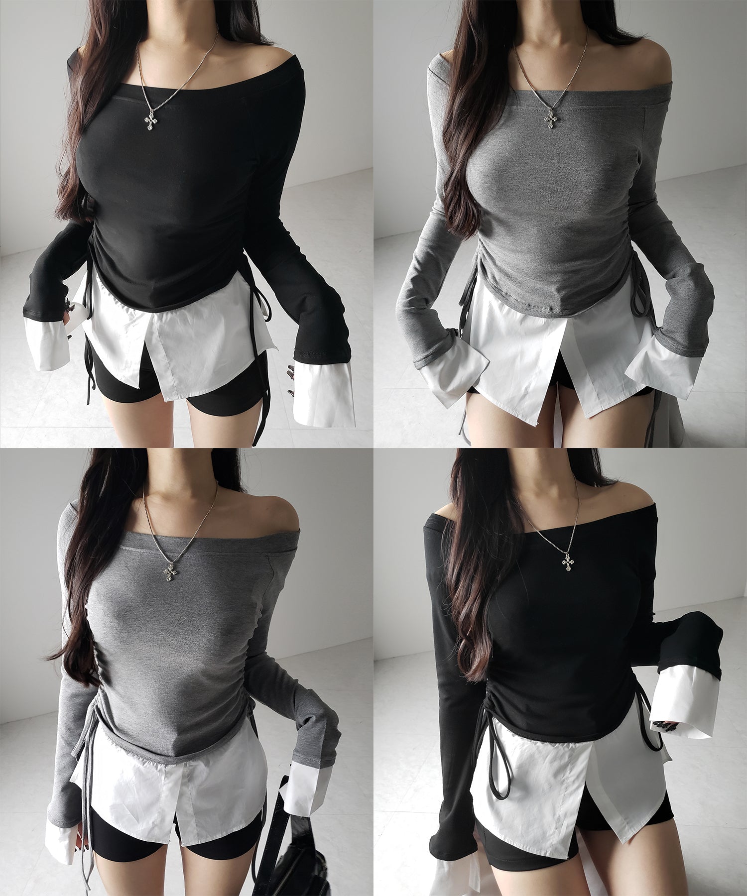 【 2WAY 】シャツドッキングサイドリボンワンショルトップス /shirt docking side ribbon oneshoulder tops