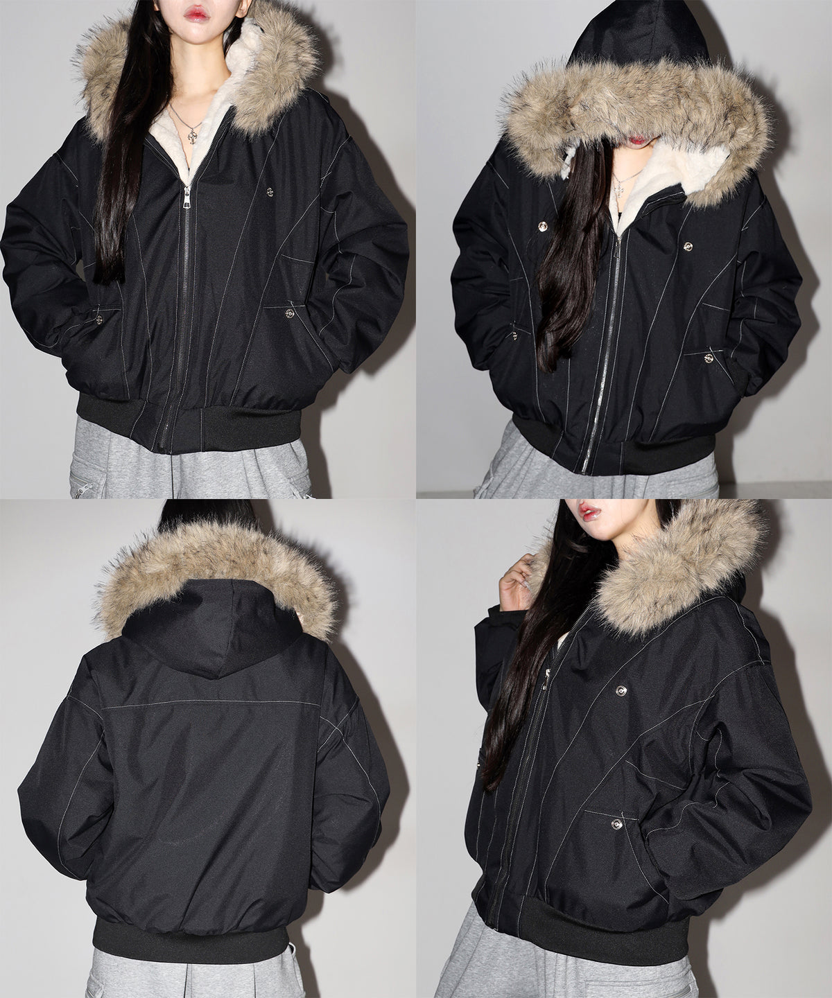配色ステッチファーフード中綿オーバーブルゾン / stitch fur hood fake down over blouson