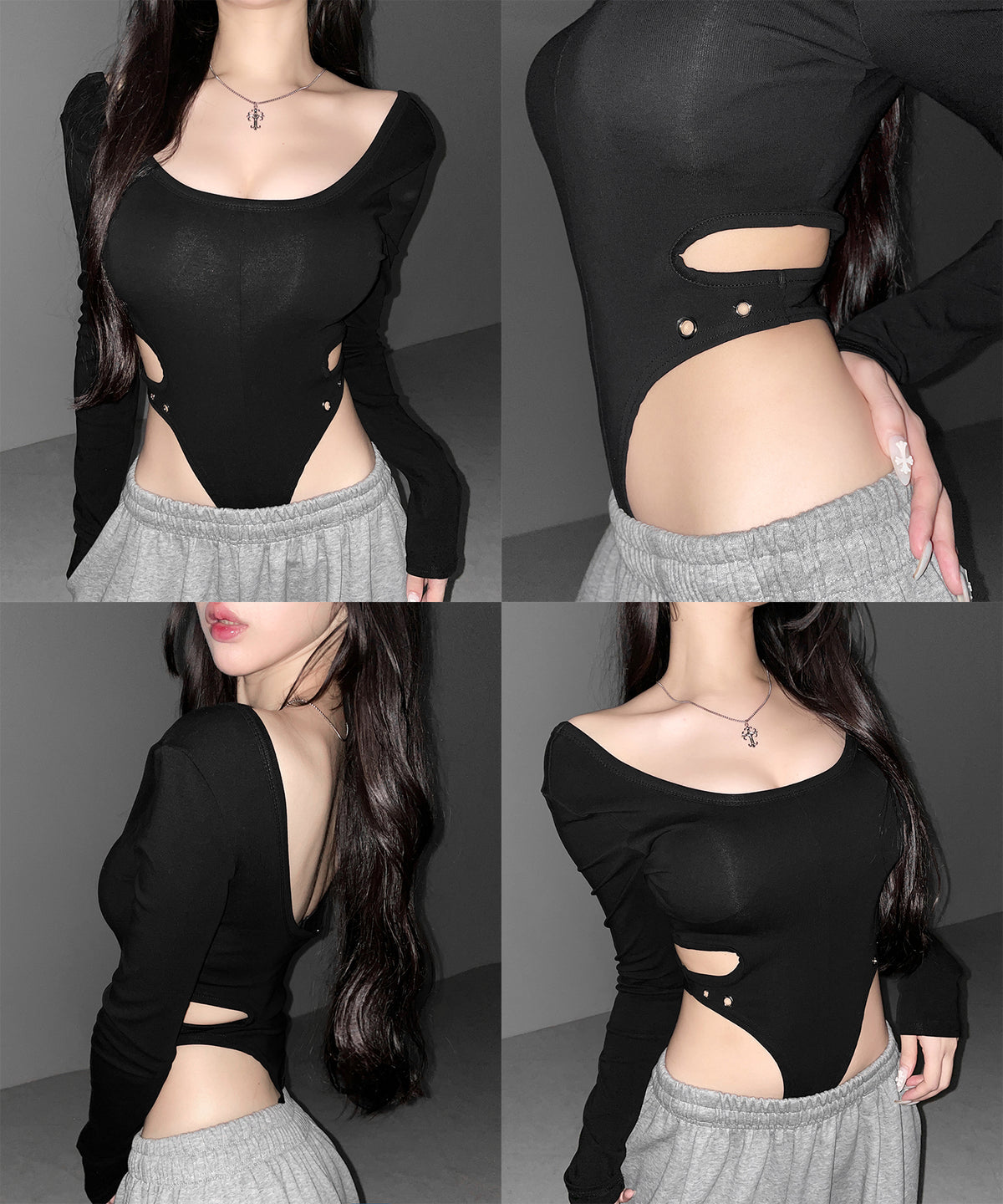 カットアウトアイレット長袖ボディスーツトップス / Cutout eyelet long sleeve bodysuit tops