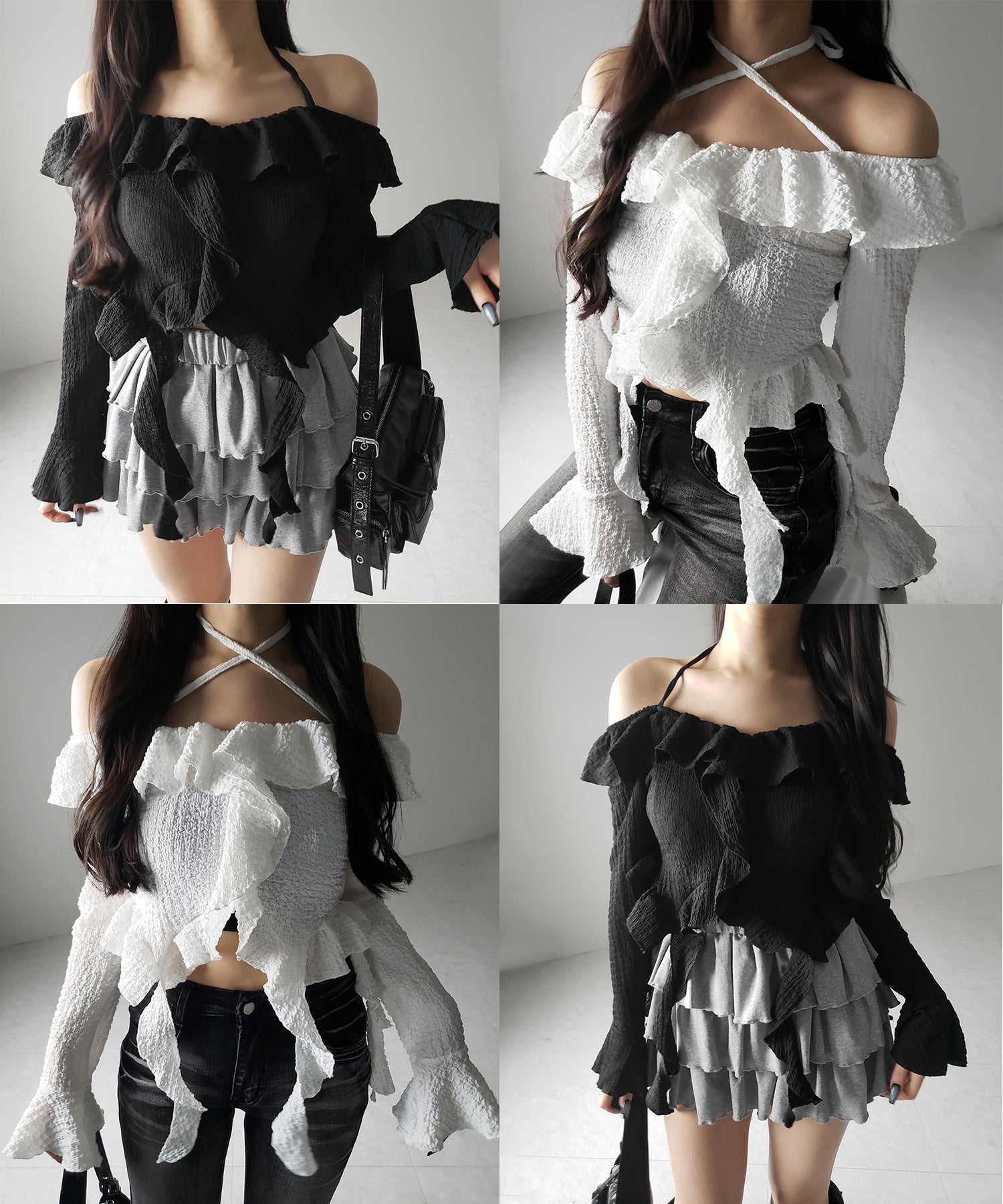 【 2color 】クロスストラップリボンオフショルダーフリルブラウス / cross strap ribbon off shoulder frill blouse