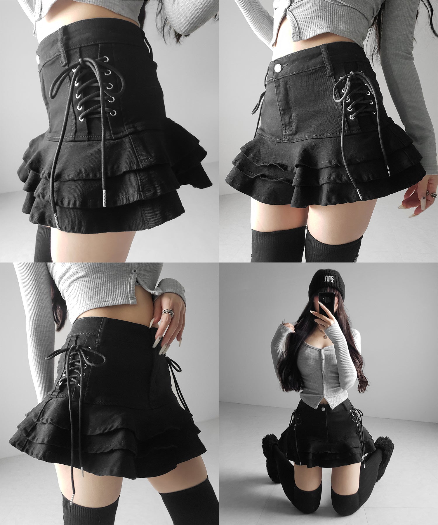 【 インパン裏地付 】レースアップブラックフリルミニスカート / laceup black frill mini skirt