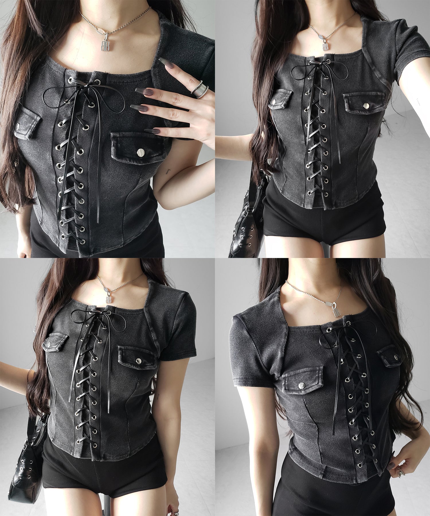 ヴィンテージレースアップスクエア半袖Tシャツ / vintage laceup square T-shirts