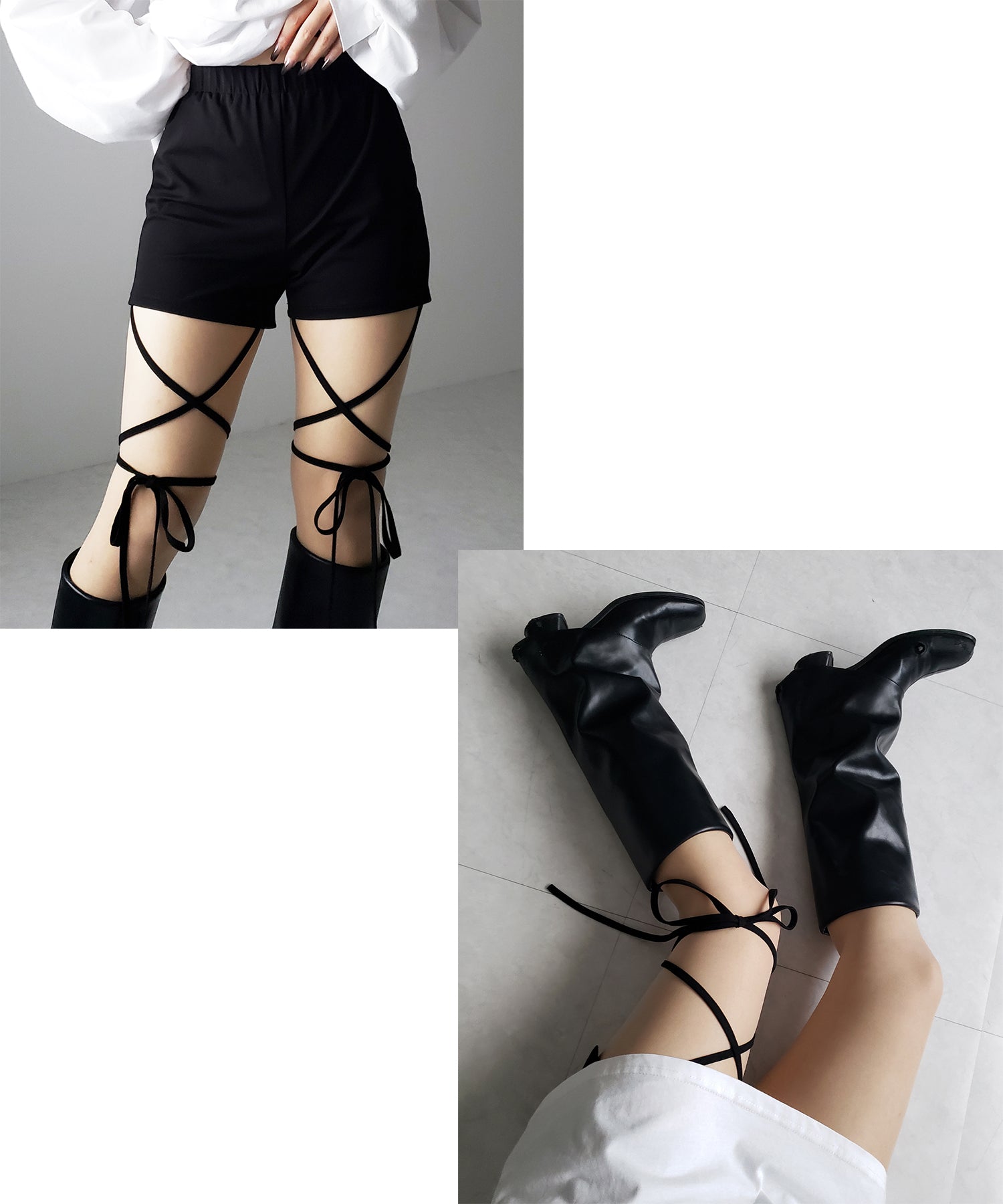 【 セルフカット調節可能 】クロスストラップリボンバイカーレギンスパンツ / cross strap ribbon biker leggings pants