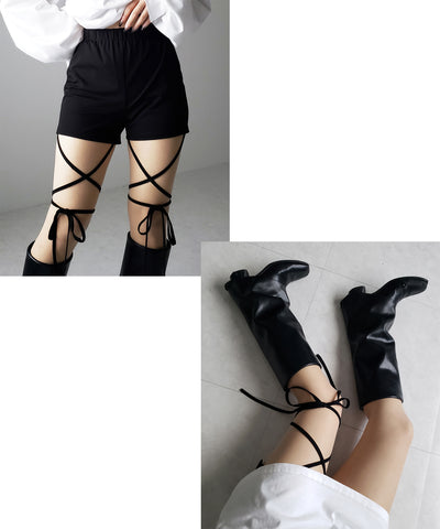 【 セルフカット調節可能 】クロスストラップリボンバイカーレギンスパンツ / cross strap ribbon biker leggings pants