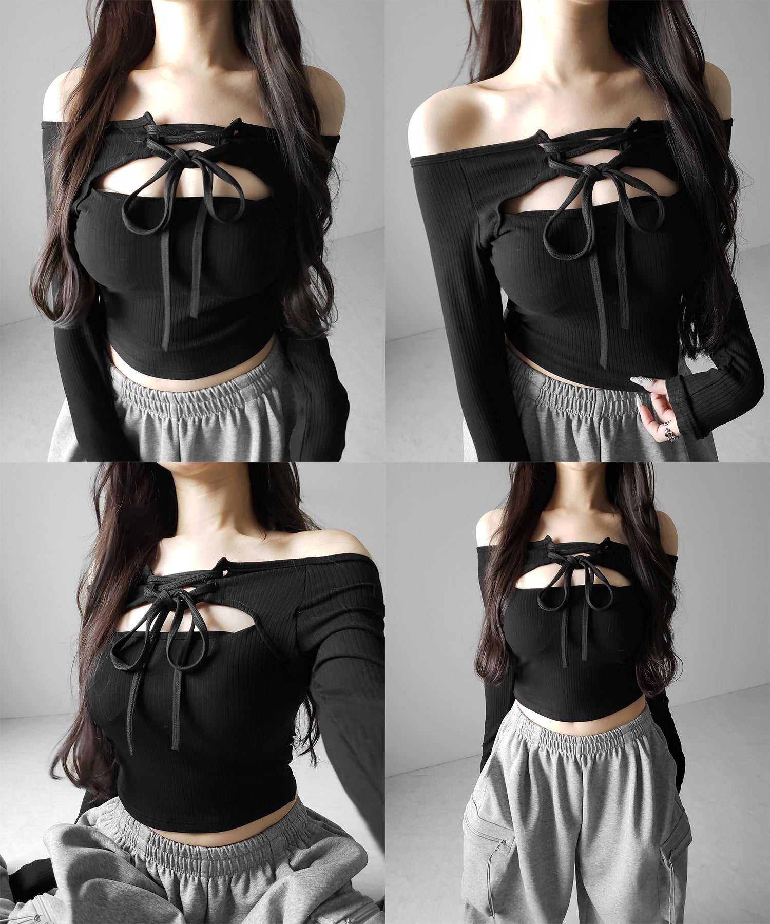 レースアップリボンカットアウトオフショルリブロンT / lace up ribbon cutout offshoulder ribbed long T-shirt