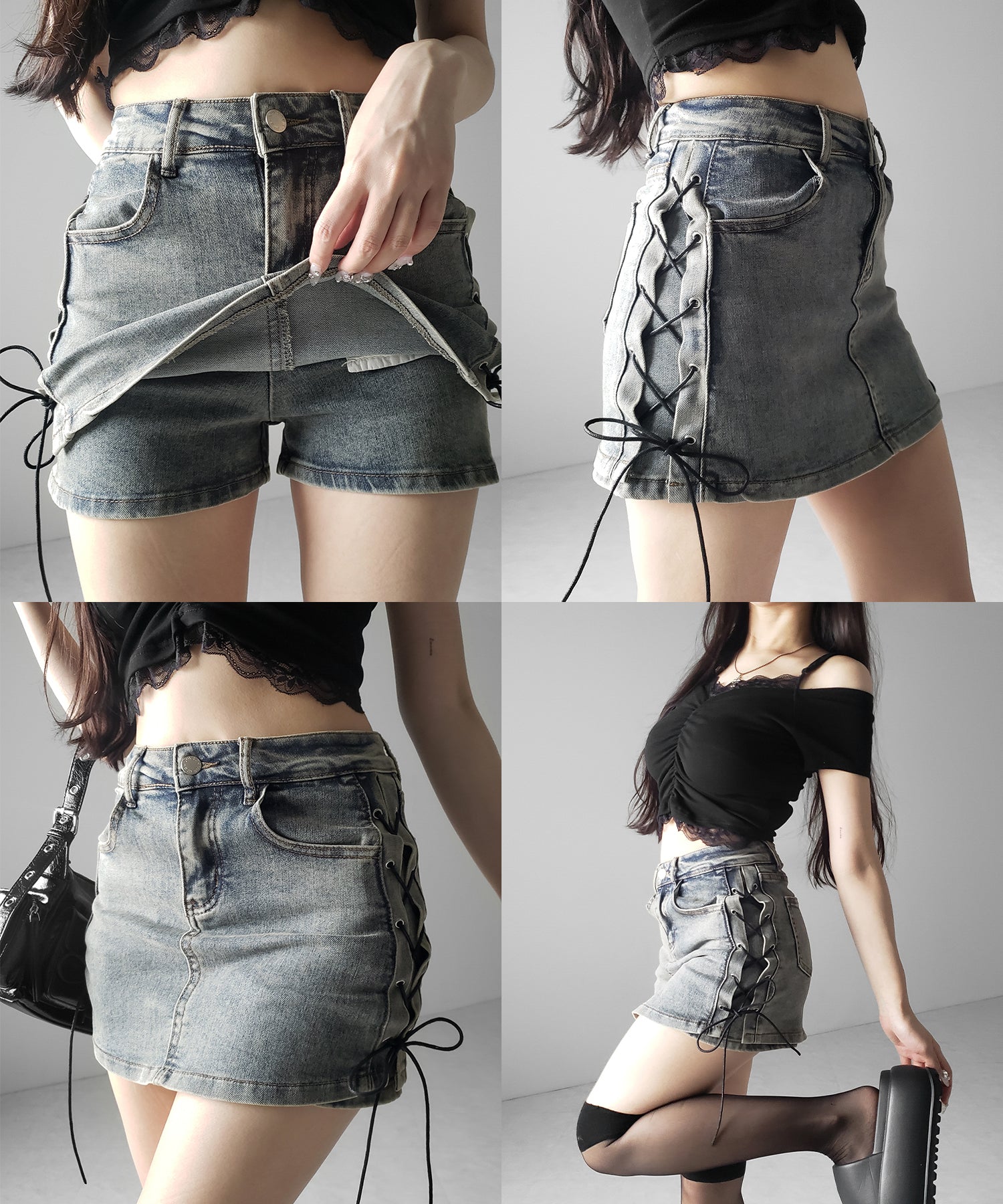 レースアップストレッチデニムミニスカパン / lace up stretch denim mini skirt pants