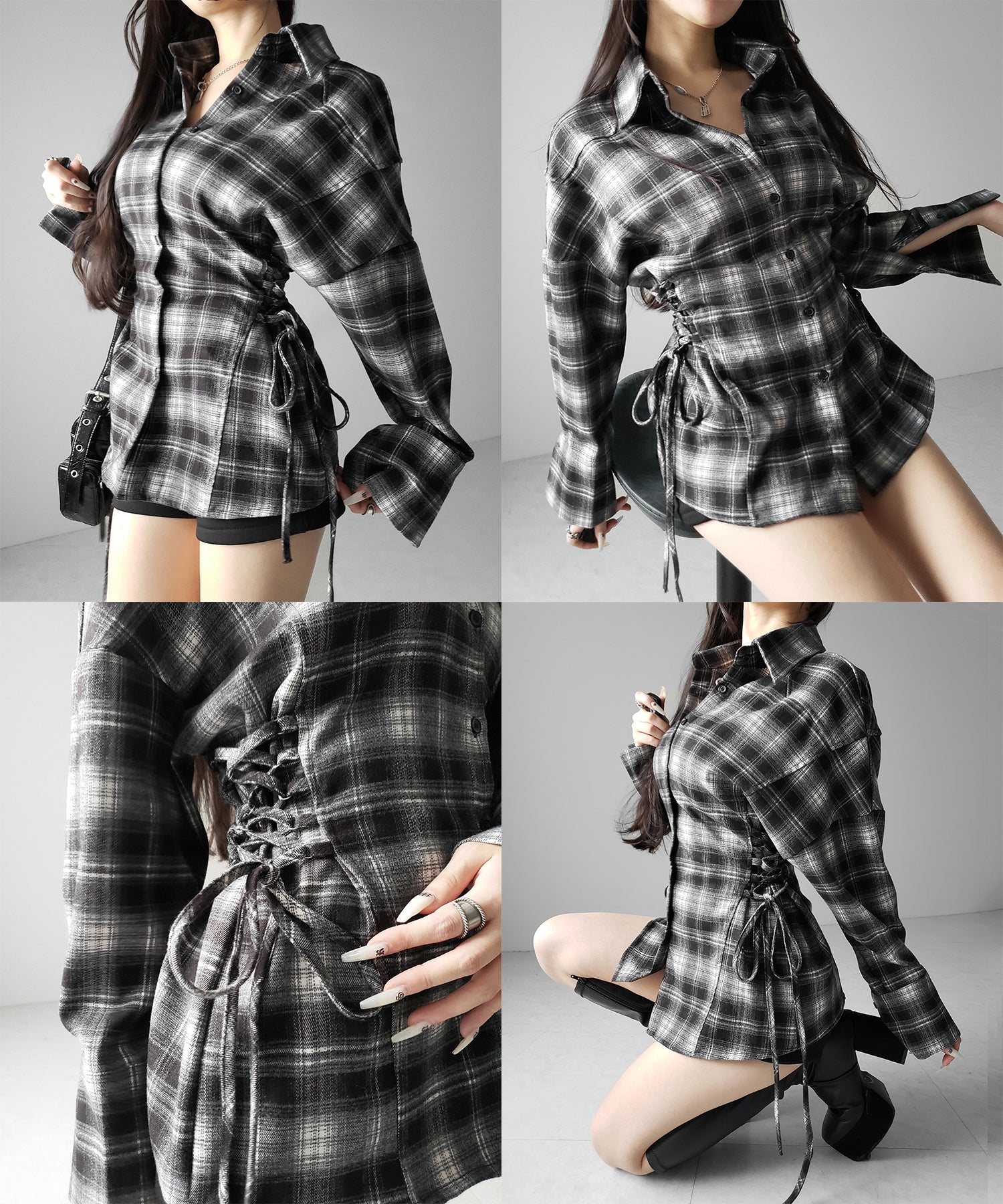 レースアップリボンスリムラインチェックネルシャツ / lace up ribbon slim line check flannel shirt