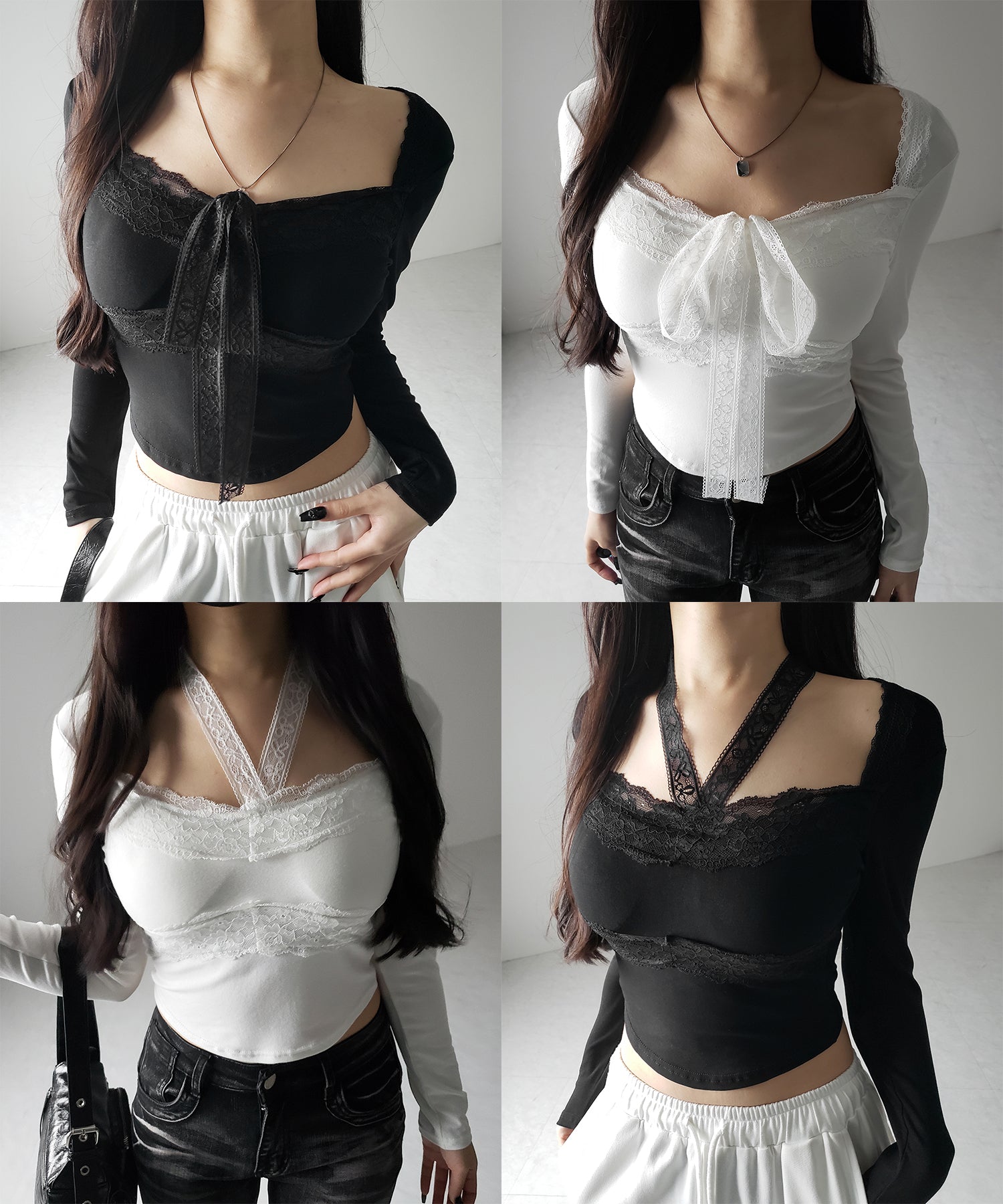 【 2color / 2WAY 】クロスネックレースリボンスクエアカットソートップス / cross neck lace ribbon square cutsaw tops
