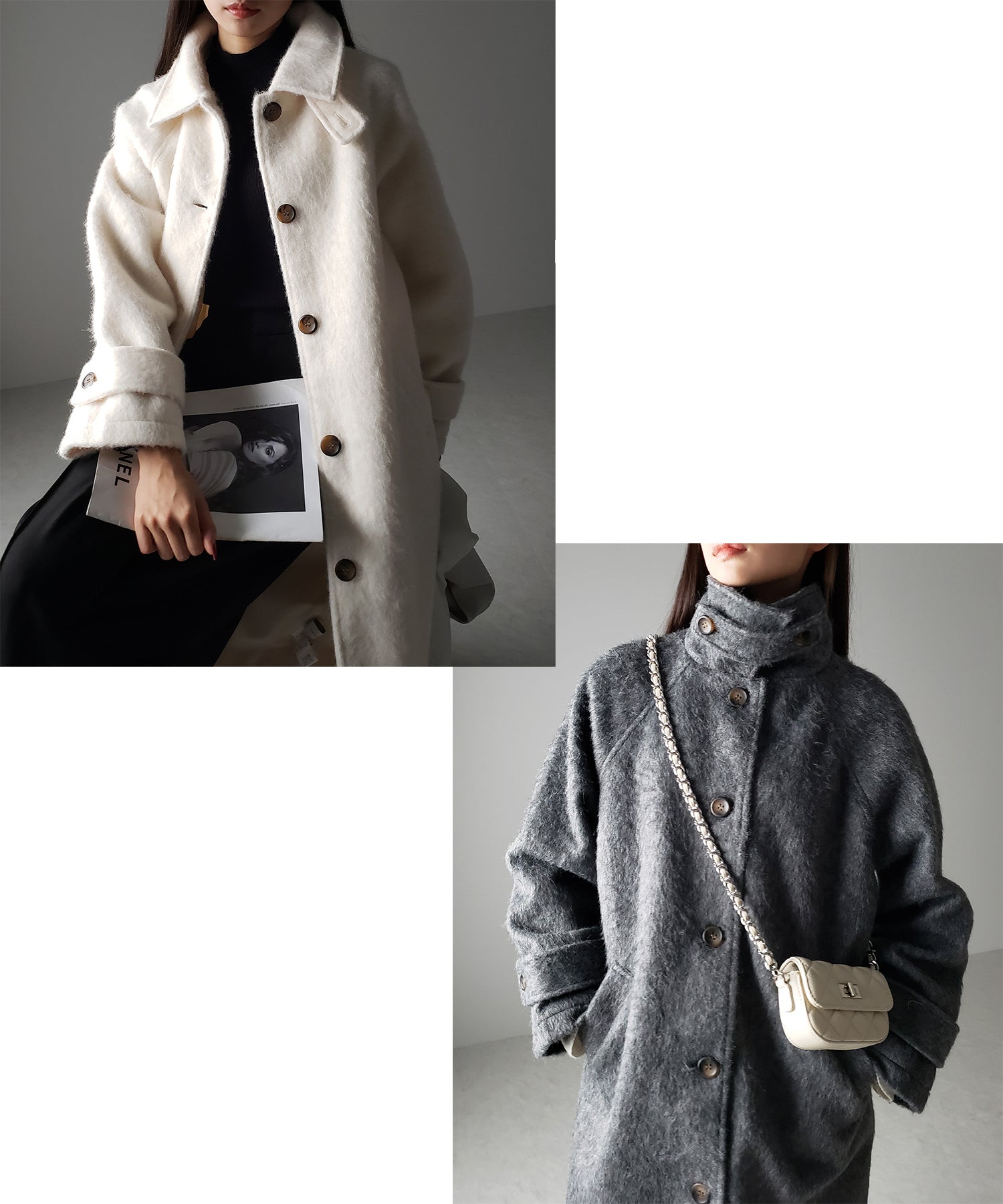 【 3color / 2WAY 】オーバーサイズスタンドカラーシャギーメルトンロングコート
