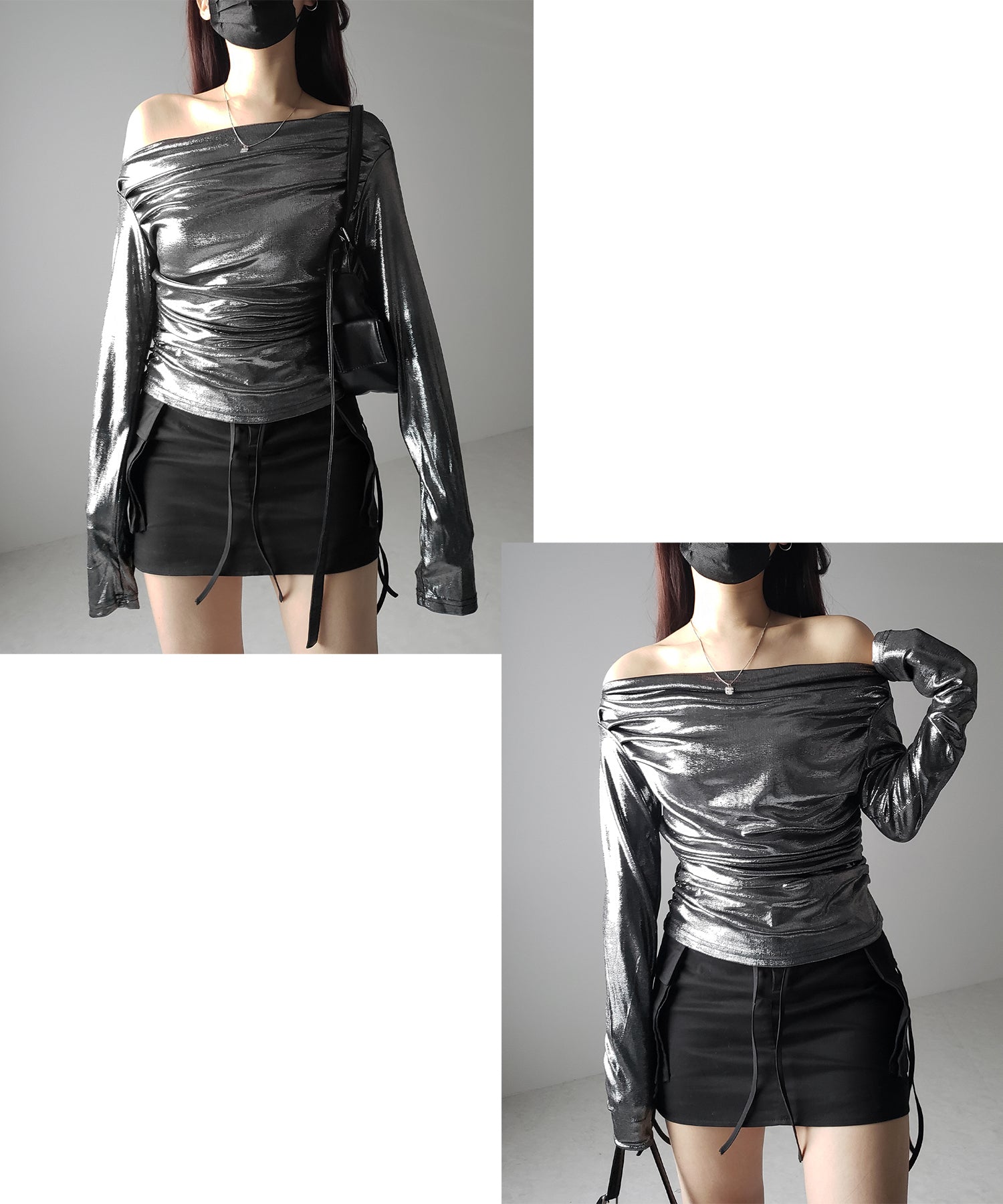 【 3WAY 】タックデザインドレープオフショルダーメタリックトップス