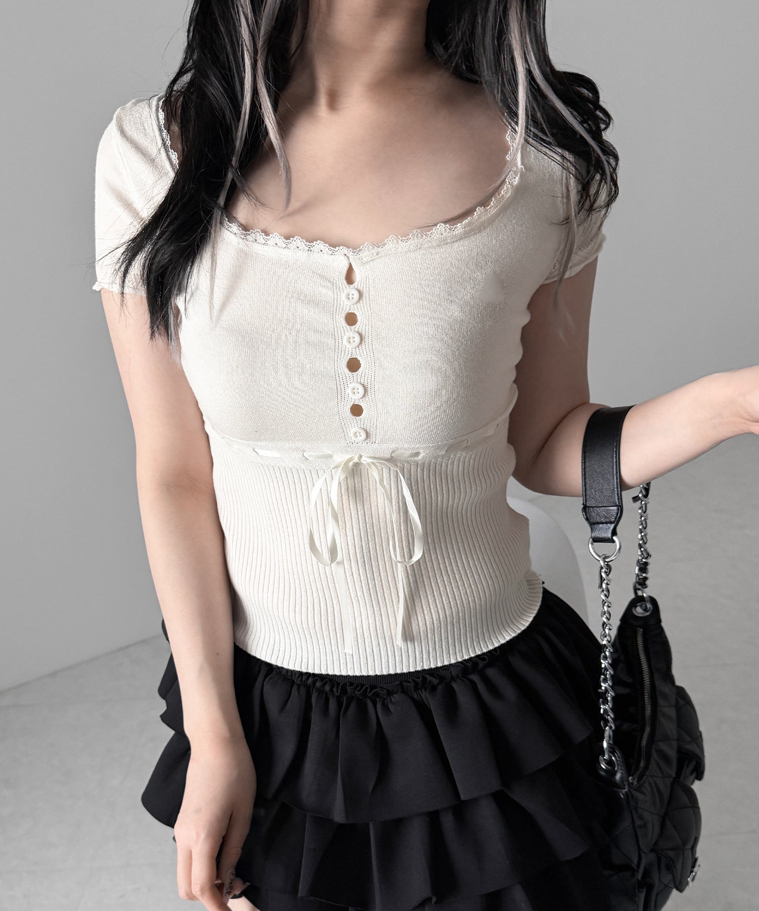 フロントリボンスクエア半袖ニットトップス / front ribbon square short sleeve knit tops