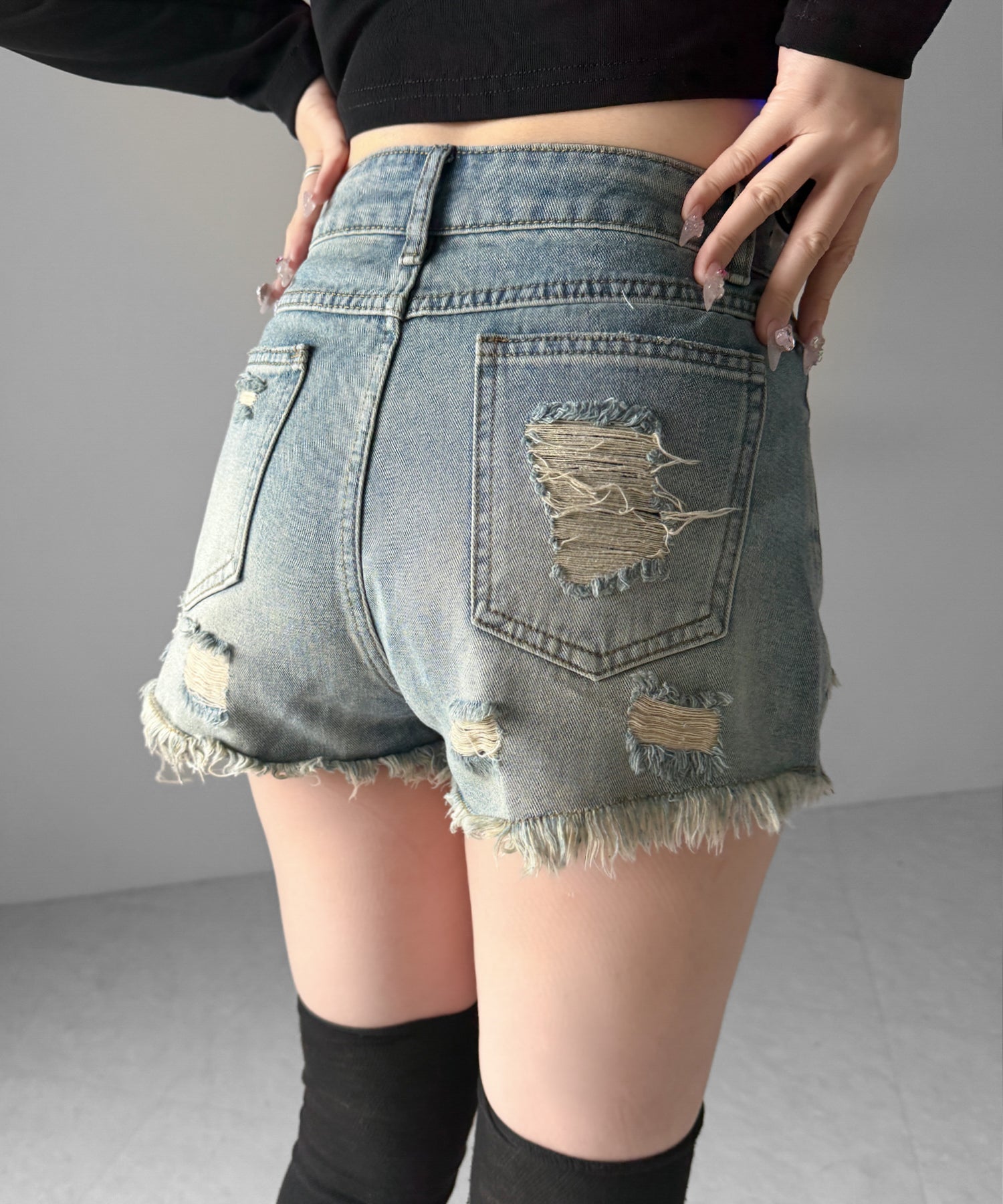 クラッシュダメージダブルフリンジデニムショートパンツ/crash damage double fringe denim short pants