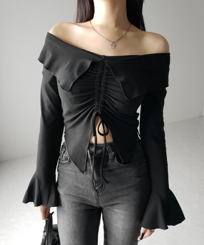 シャーリングフロントスリットオフショルトップス / shirring front slit offshoulder tops