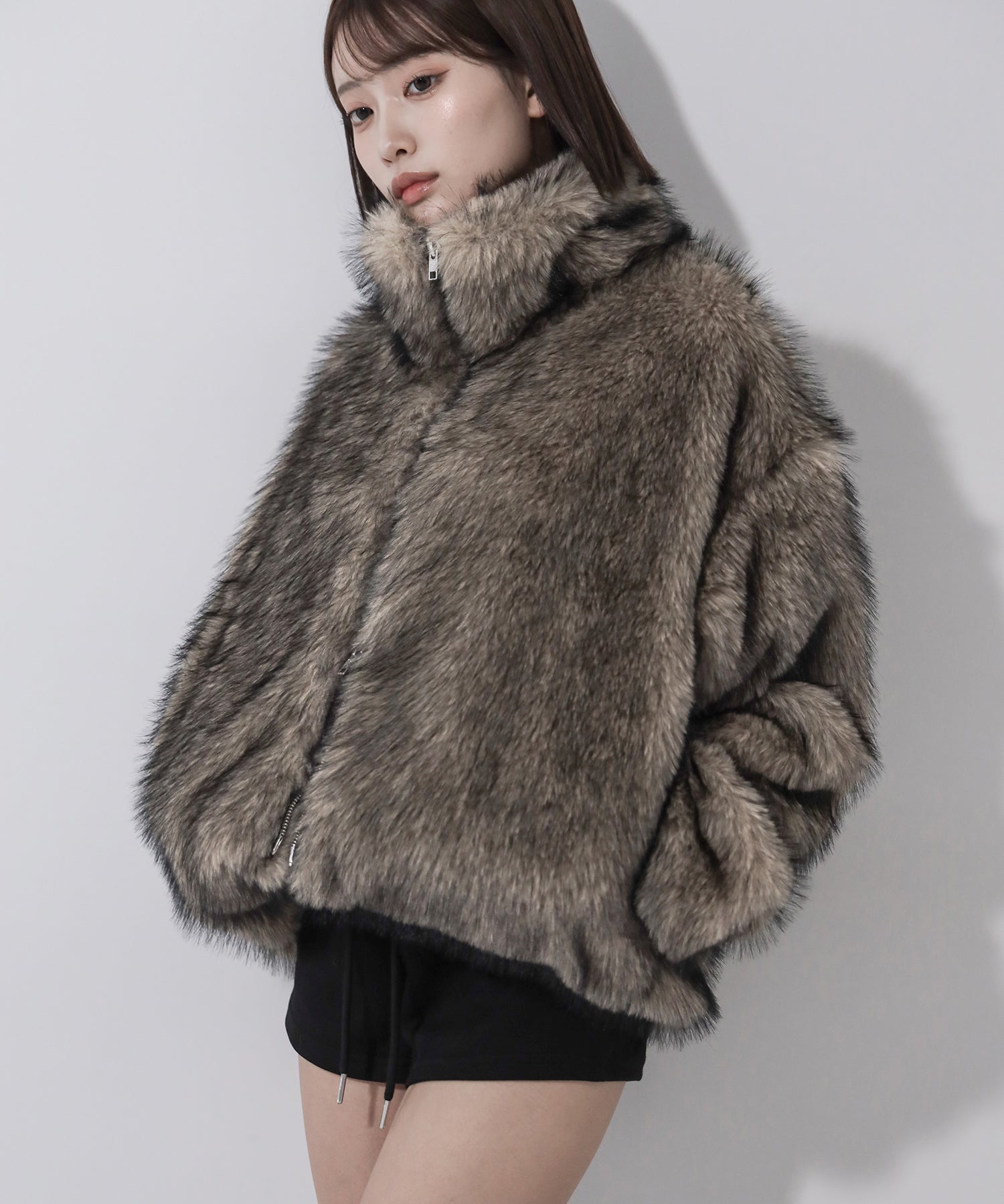 ダブルジップスタンドカラーミックスファージャケット / double zip stand collar mix fur jacket