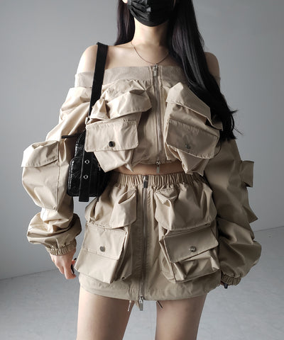 【 セットアップ 】アウトポケットオフショルカーゴブルゾン & ダブルジップカーゴミニスカート SET / out pocket off shoulder cargo blouson & double zip cargo mini skirt SET