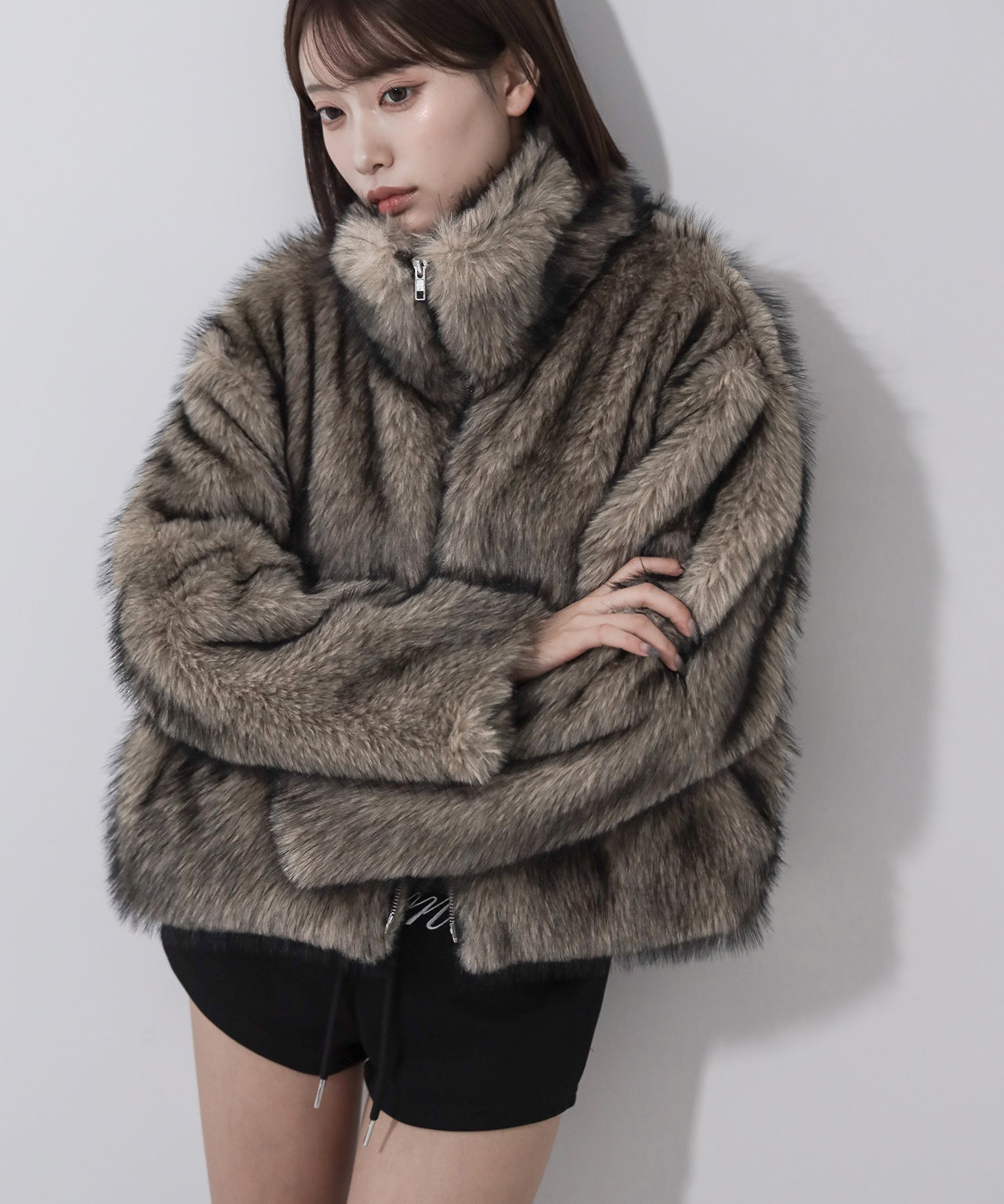 ダブルジップスタンドカラーミックスファージャケット / double zip stand collar mix fur jacket