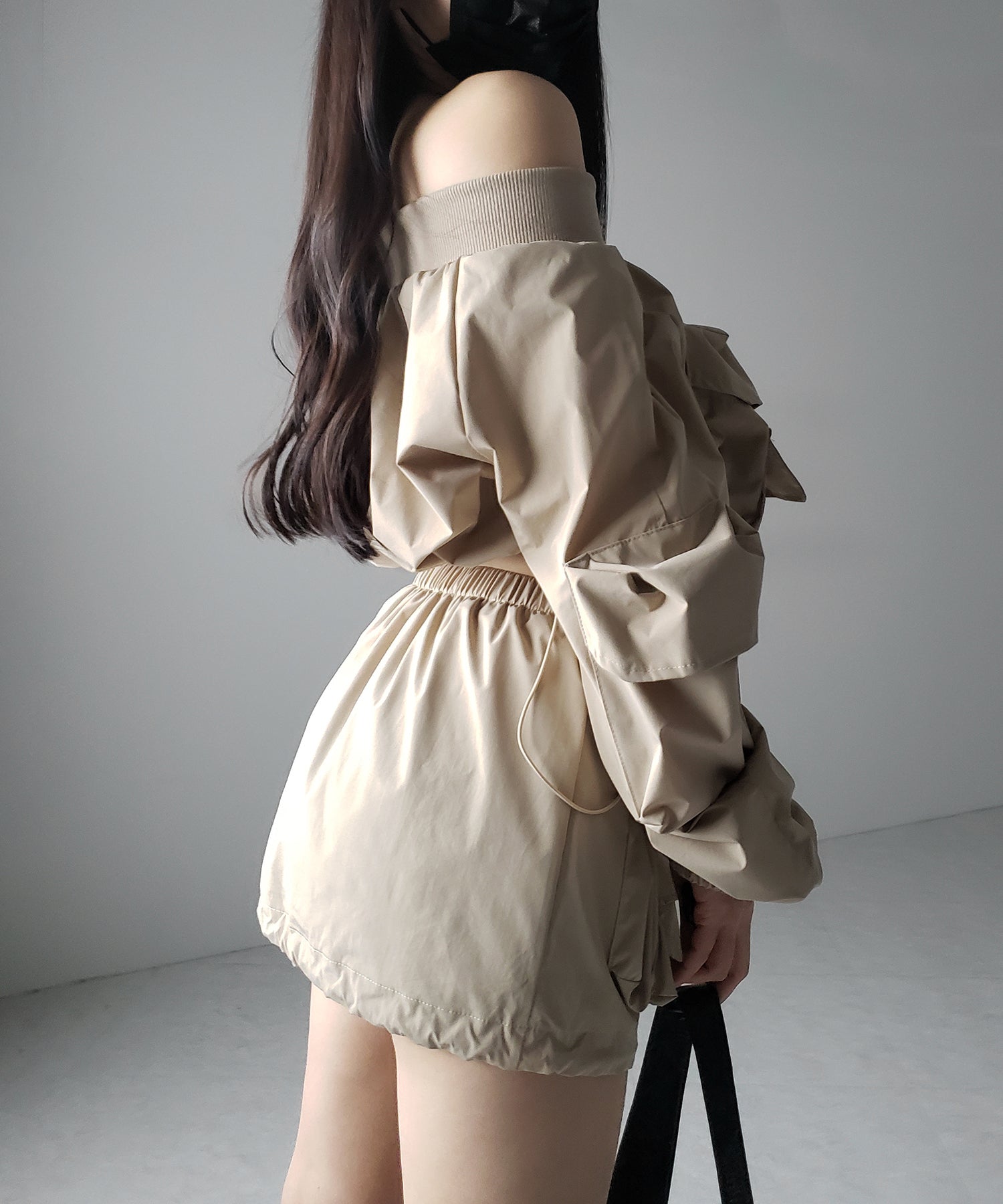 【 セットアップ 】アウトポケットオフショルカーゴブルゾン & ダブルジップカーゴミニスカート SET / out pocket off shoulder cargo blouson & double zip cargo mini skirt SET