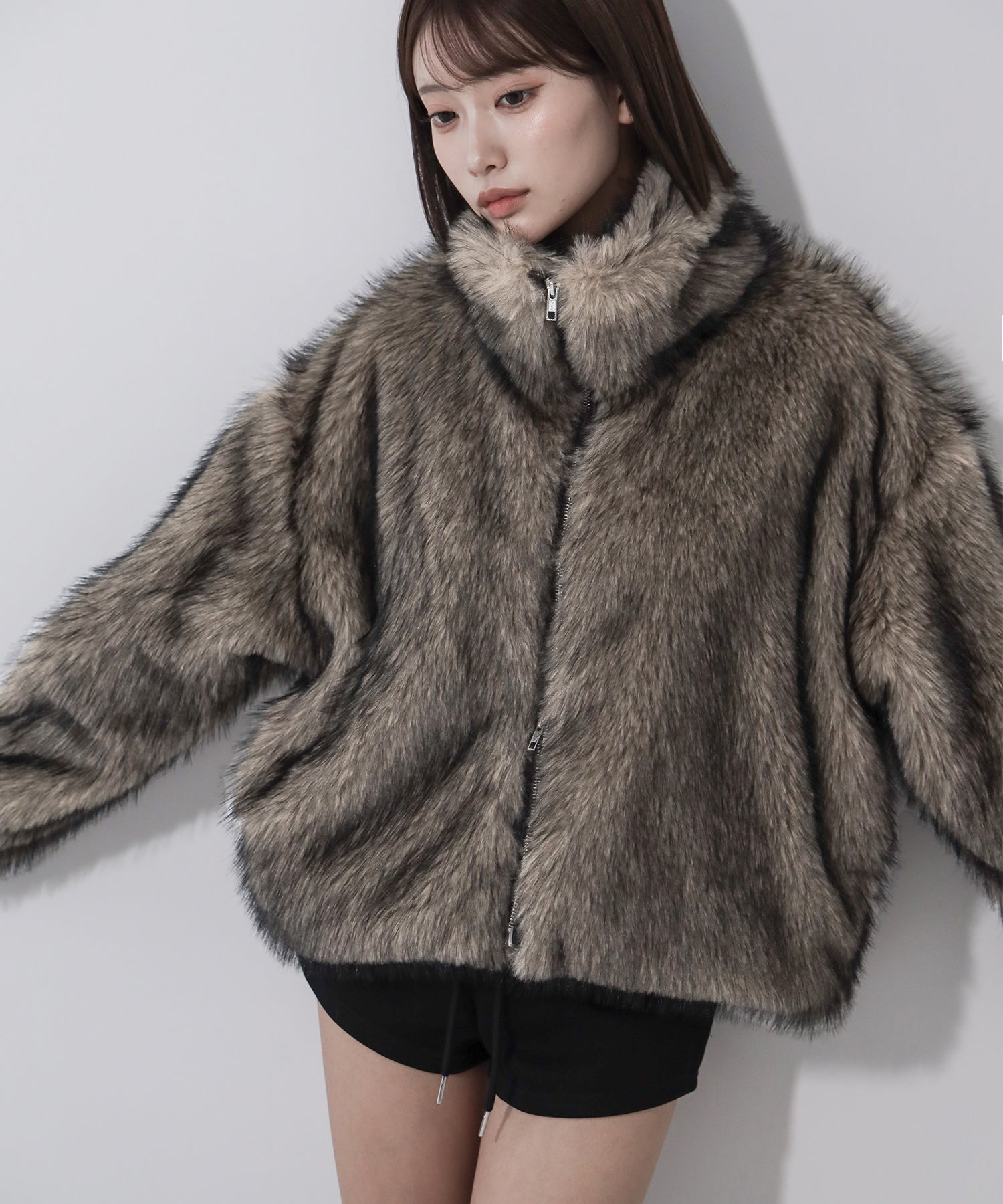 ダブルジップスタンドカラーミックスファージャケット / double zip stand collar mix fur jacket