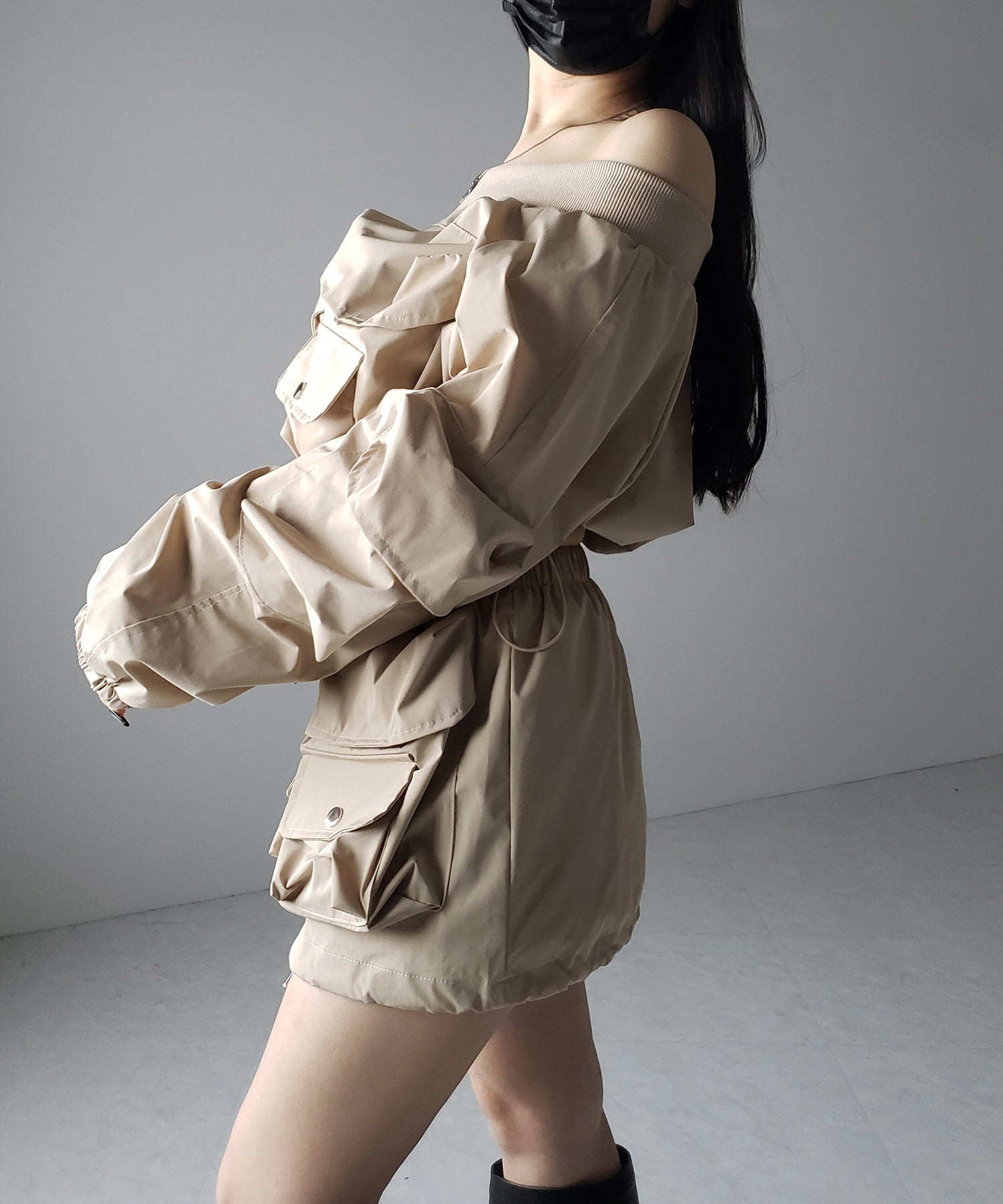 【 セットアップ 】アウトポケットオフショルカーゴブルゾン & ダブルジップカーゴミニスカート SET / out pocket off shoulder cargo blouson & double zip cargo mini skirt SET