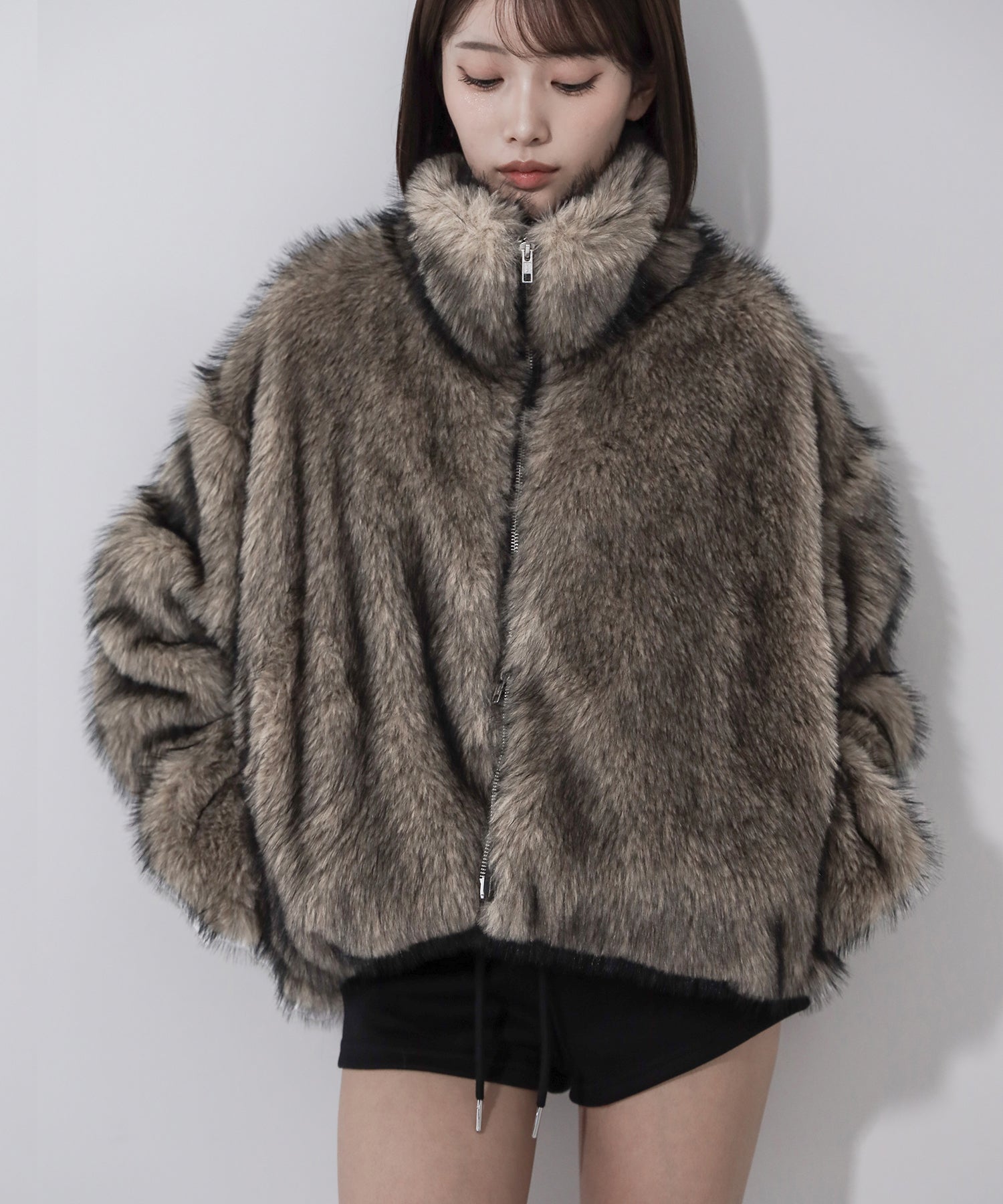 ダブルジップスタンドカラーミックスファージャケット / double zip stand collar mix fur jacket