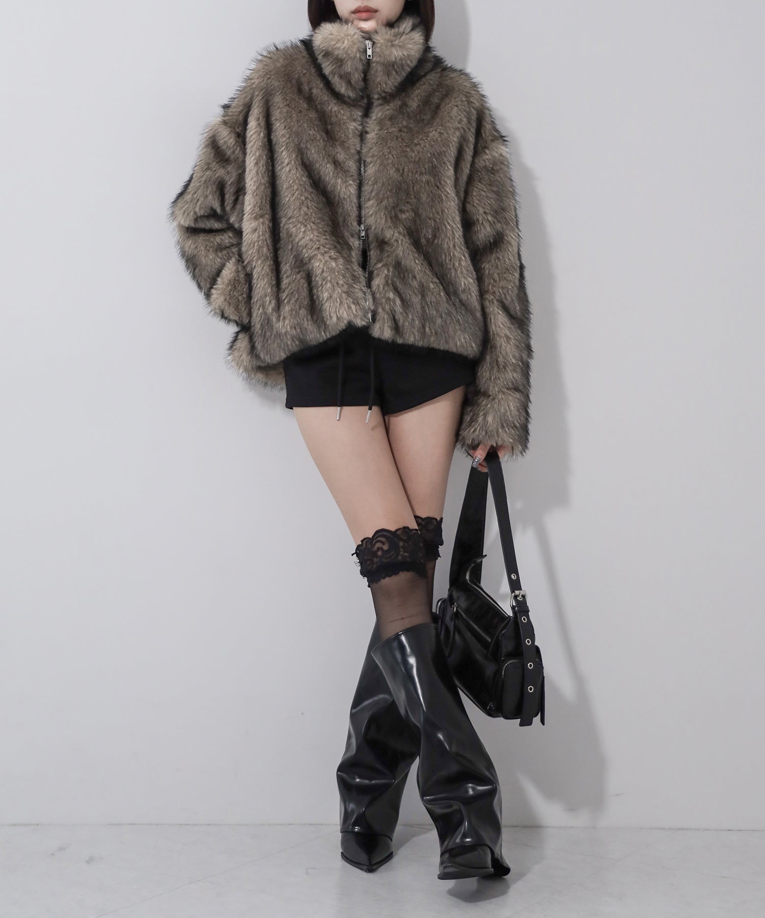 ダブルジップスタンドカラーミックスファージャケット / double zip stand collar mix fur jacket
