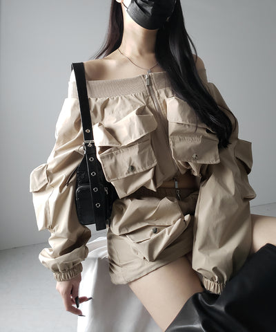 【 セットアップ 】アウトポケットオフショルカーゴブルゾン & ダブルジップカーゴミニスカート SET / out pocket off shoulder cargo blouson & double zip cargo mini skirt SET
