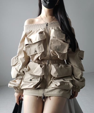 【 セットアップ 】アウトポケットオフショルカーゴブルゾン & ダブルジップカーゴミニスカート SET / out pocket off shoulder cargo blouson & double zip cargo mini skirt SET