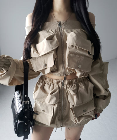 【 セットアップ 】アウトポケットオフショルカーゴブルゾン & ダブルジップカーゴミニスカート SET / out pocket off shoulder cargo blouson & double zip cargo mini skirt SET
