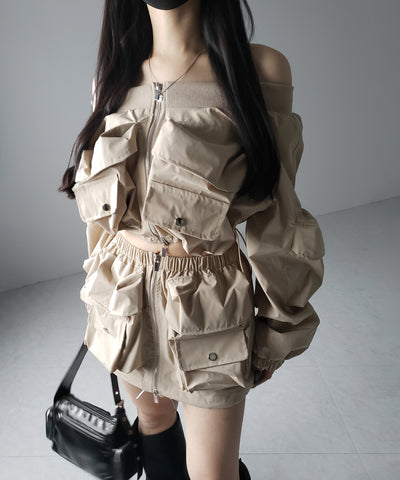【 セットアップ 】アウトポケットオフショルカーゴブルゾン & ダブルジップカーゴミニスカート SET / out pocket off shoulder cargo blouson & double zip cargo mini skirt SET