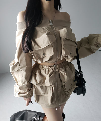 【 セットアップ 】アウトポケットオフショルカーゴブルゾン & ダブルジップカーゴミニスカート SET / out pocket off shoulder cargo blouson & double zip cargo mini skirt SET