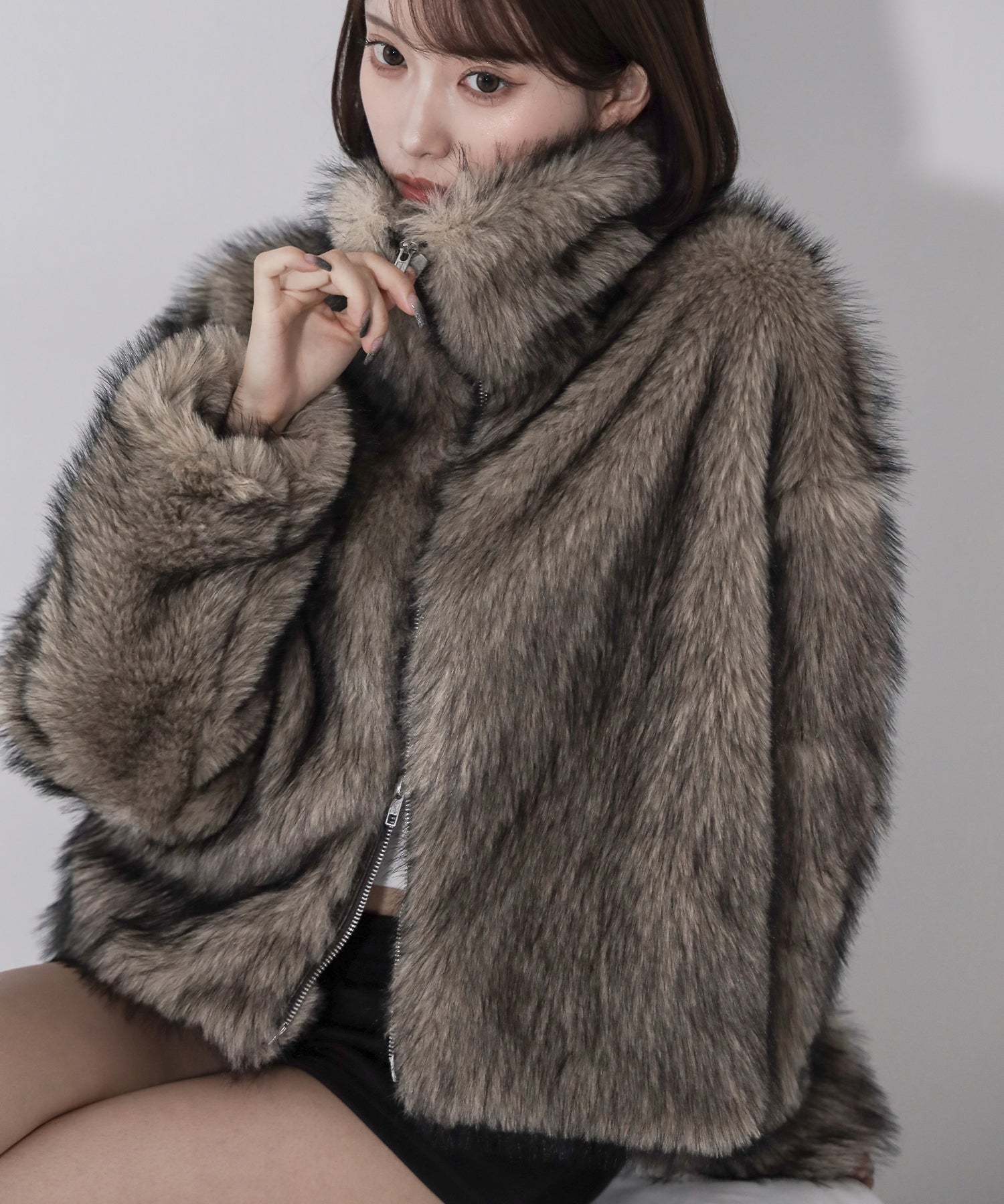 ダブルジップスタンドカラーミックスファージャケット / double zip stand collar mix fur jacket