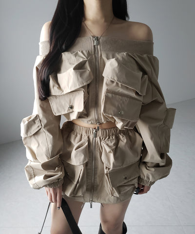 【 セットアップ 】アウトポケットオフショルカーゴブルゾン & ダブルジップカーゴミニスカート SET / out pocket off shoulder cargo blouson & double zip cargo mini skirt SET