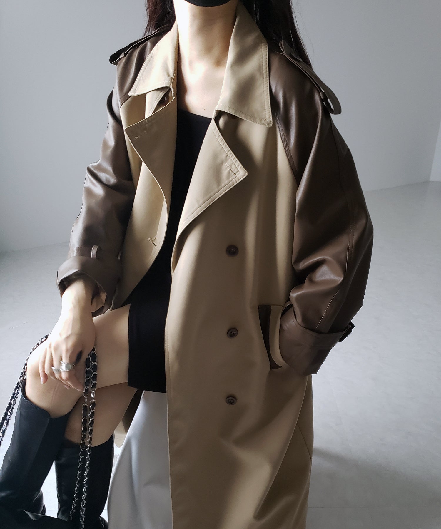 【 3COLOR 】フェイクレザードッキングロングトレンチコート