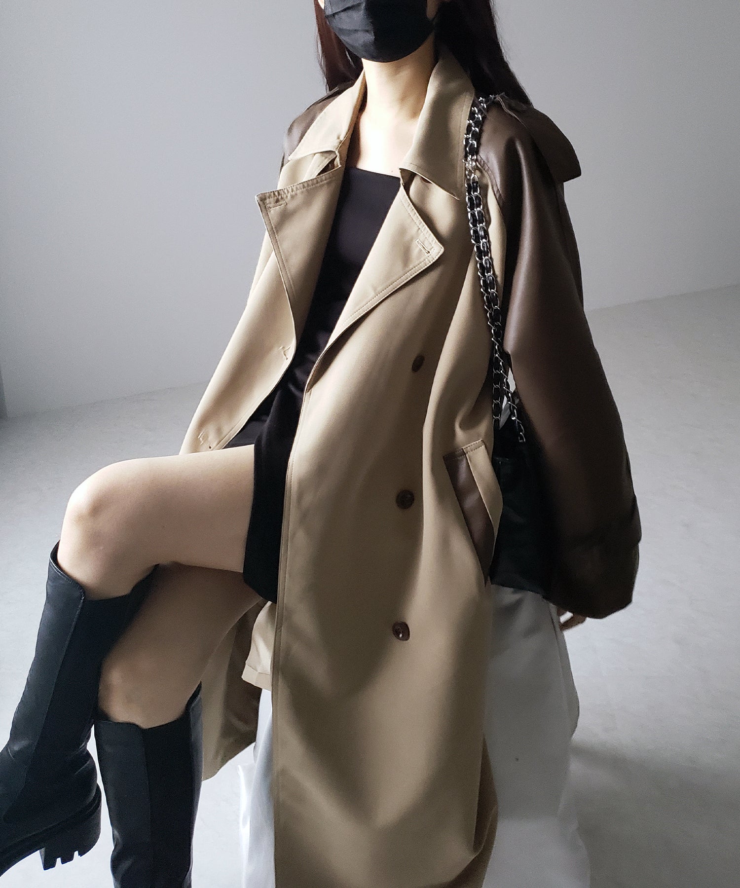 【 3COLOR 】フェイクレザードッキングロングトレンチコート