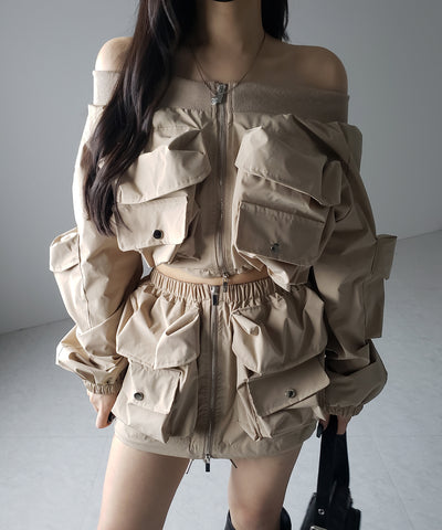 【 セットアップ 】アウトポケットオフショルカーゴブルゾン & ダブルジップカーゴミニスカート SET / out pocket off shoulder cargo blouson & double zip cargo mini skirt SET