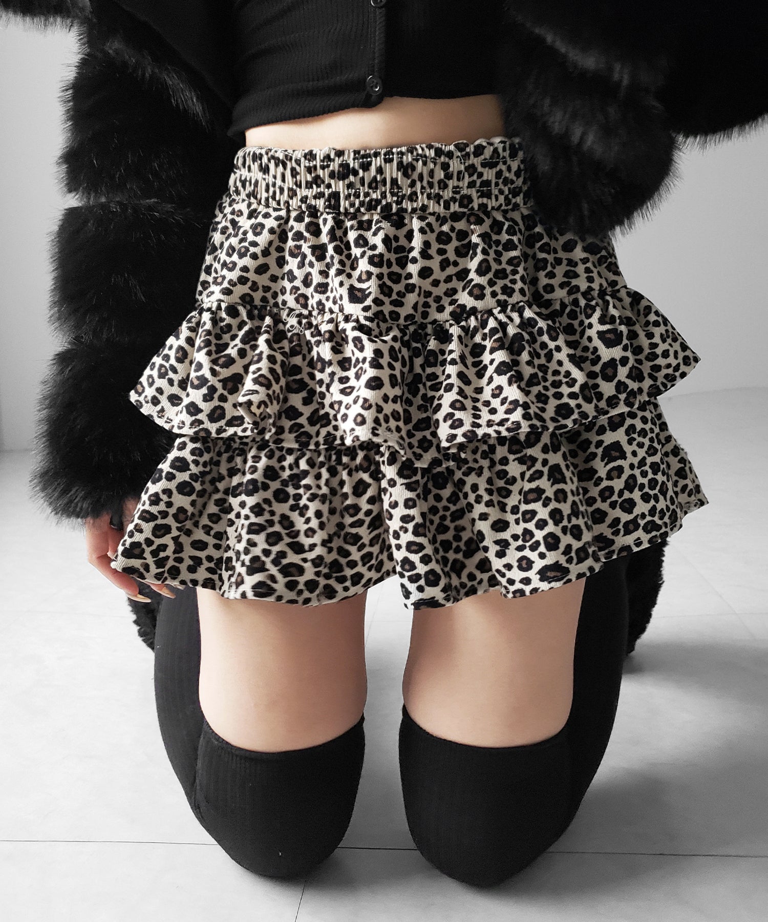【 無地 or レオパードから選べる / インパン裏地付 】コーデュロイティアードフリルミニスカート / corduroy tiered frill mini skirt