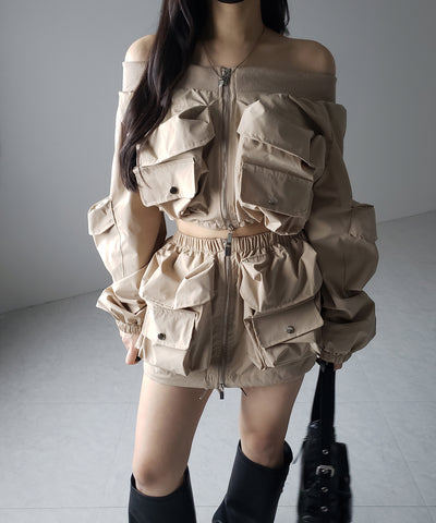 【 セットアップ 】アウトポケットオフショルカーゴブルゾン & ダブルジップカーゴミニスカート SET / out pocket off shoulder cargo blouson & double zip cargo mini skirt SET