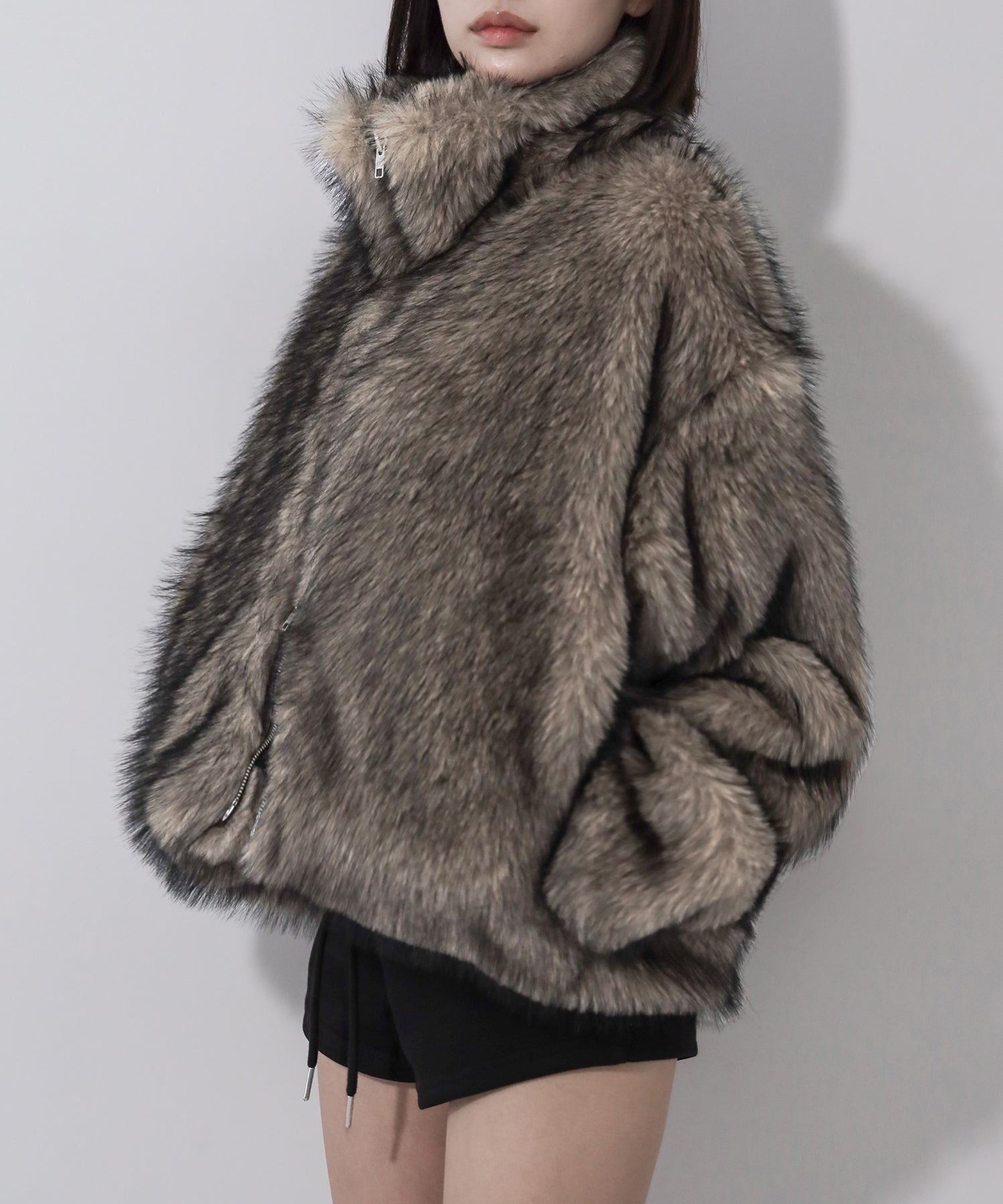 ダブルジップスタンドカラーミックスファージャケット / double zip stand collar mix fur jacket