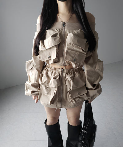 【 セットアップ 】アウトポケットオフショルカーゴブルゾン & ダブルジップカーゴミニスカート SET / out pocket off shoulder cargo blouson & double zip cargo mini skirt SET