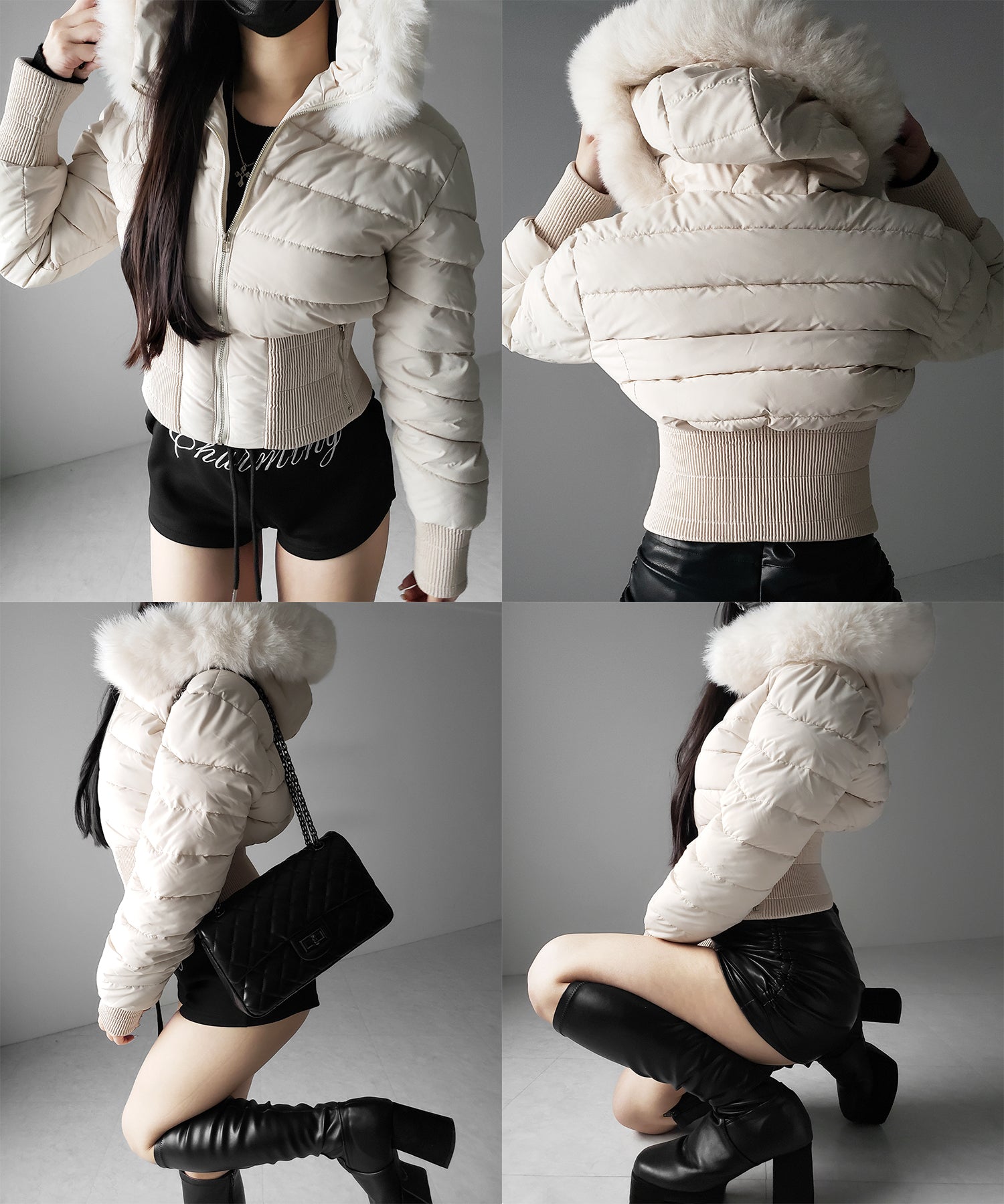 ウエストマークファーフードレディフェイクダウンジャケット / waist mark fur hooded lady fake down jacket