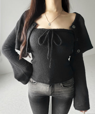 【 2点セット 】フロントリボンニットベアトップ + 長袖ショートカーディガン SET / front ribbon knit bare top + long sleeve short cardigan set