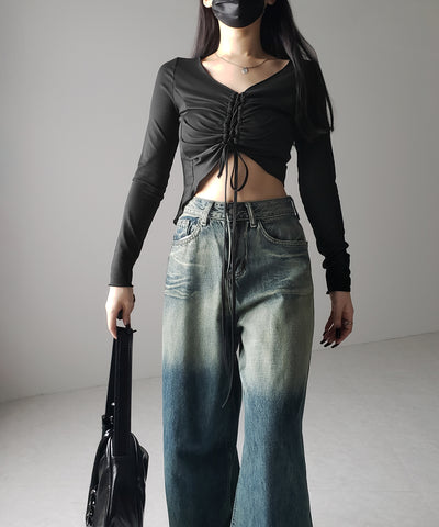 レースアップショートスリムカットソートップス / lace up short slim cut and sew tops