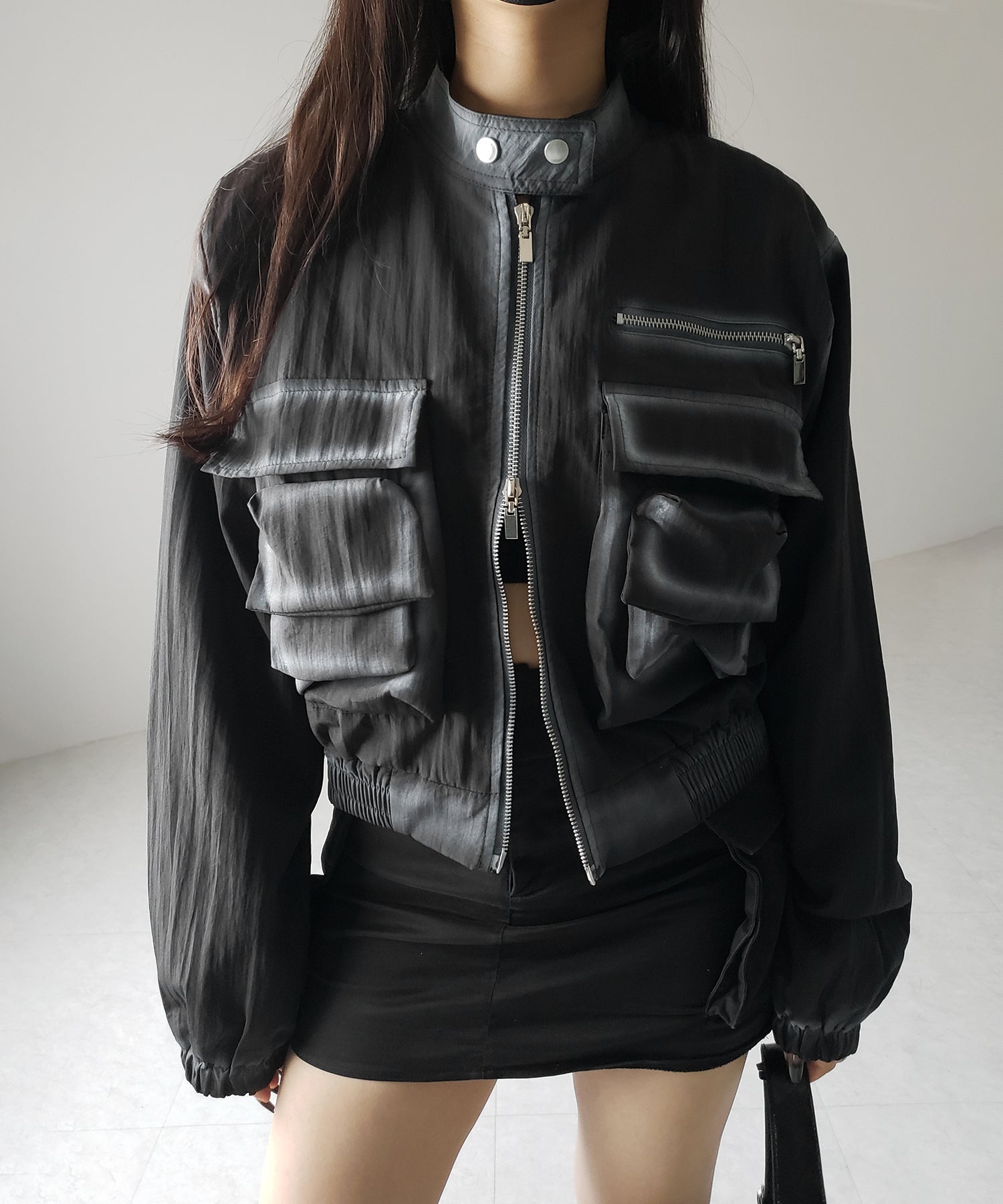 【 2color 】スプレー加工ダブルジップアウトポケットショートブルゾン / spray double zip out pocket short blouson